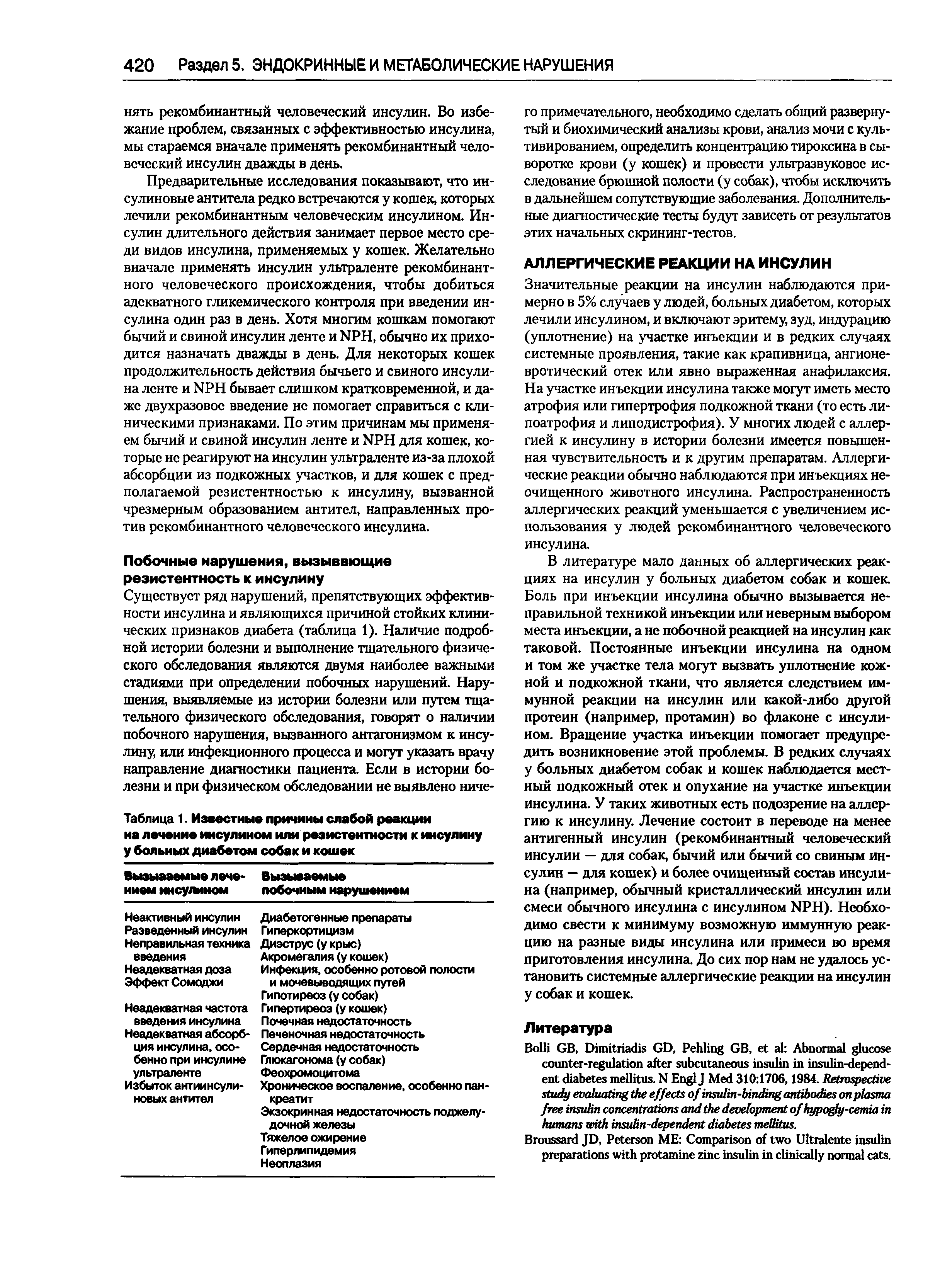 Таблица 1. Известные причины слабой реакции на лечение инсулином или резистентности к инсулину у больных диабетом собак и кошек...