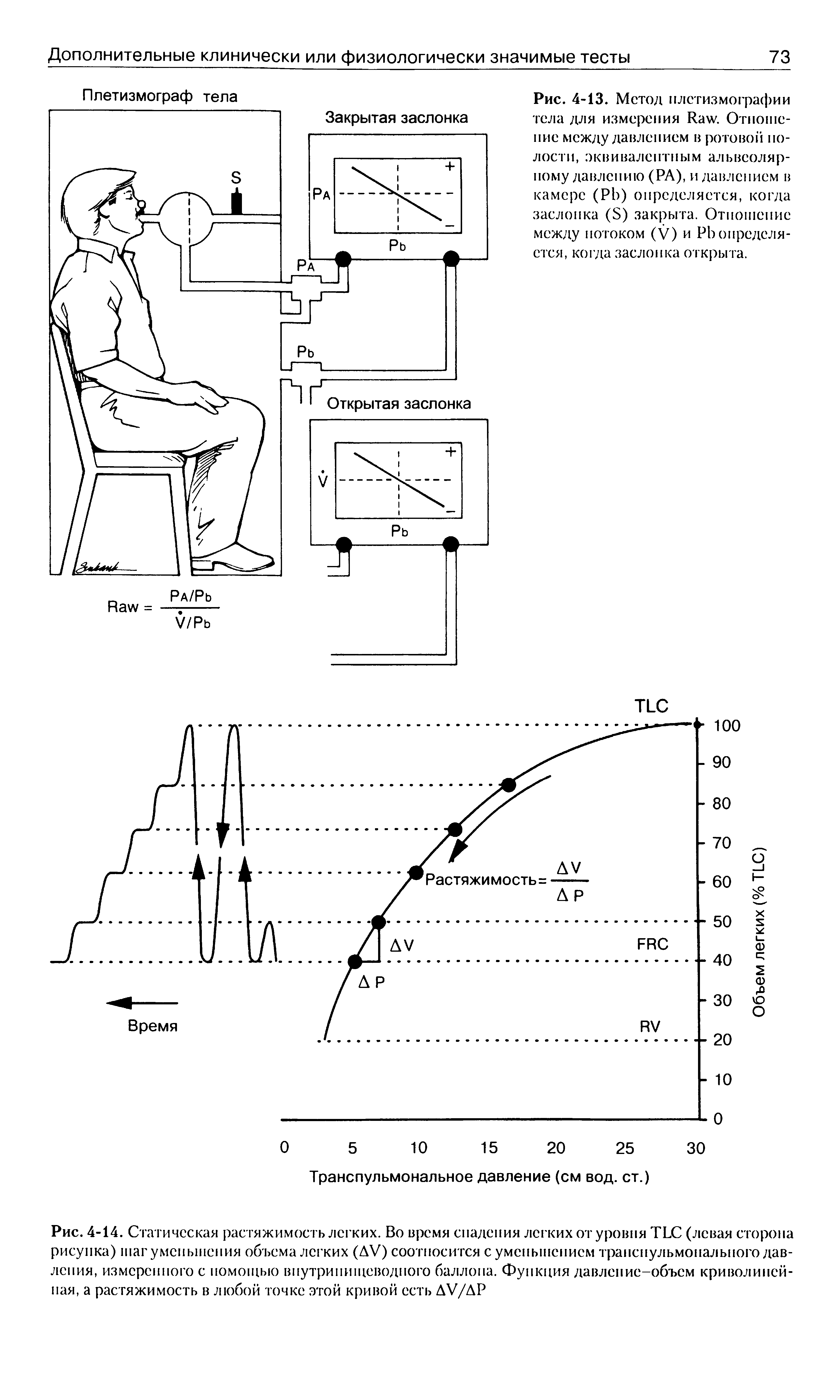 Рис. 4-14. Статическая растяжимость легких. Во время спадения легких от уровня TLC (левая сторона рисунка) шаг уменьшения объема легких (AV) соотносится с уменьшением транспульмопалыюго давления, измеренного с помощью внутри ннцеводного баллона. Функция давление-объем криволинейная, а растяжимость в любой точке этой кривой есть AV/AP...