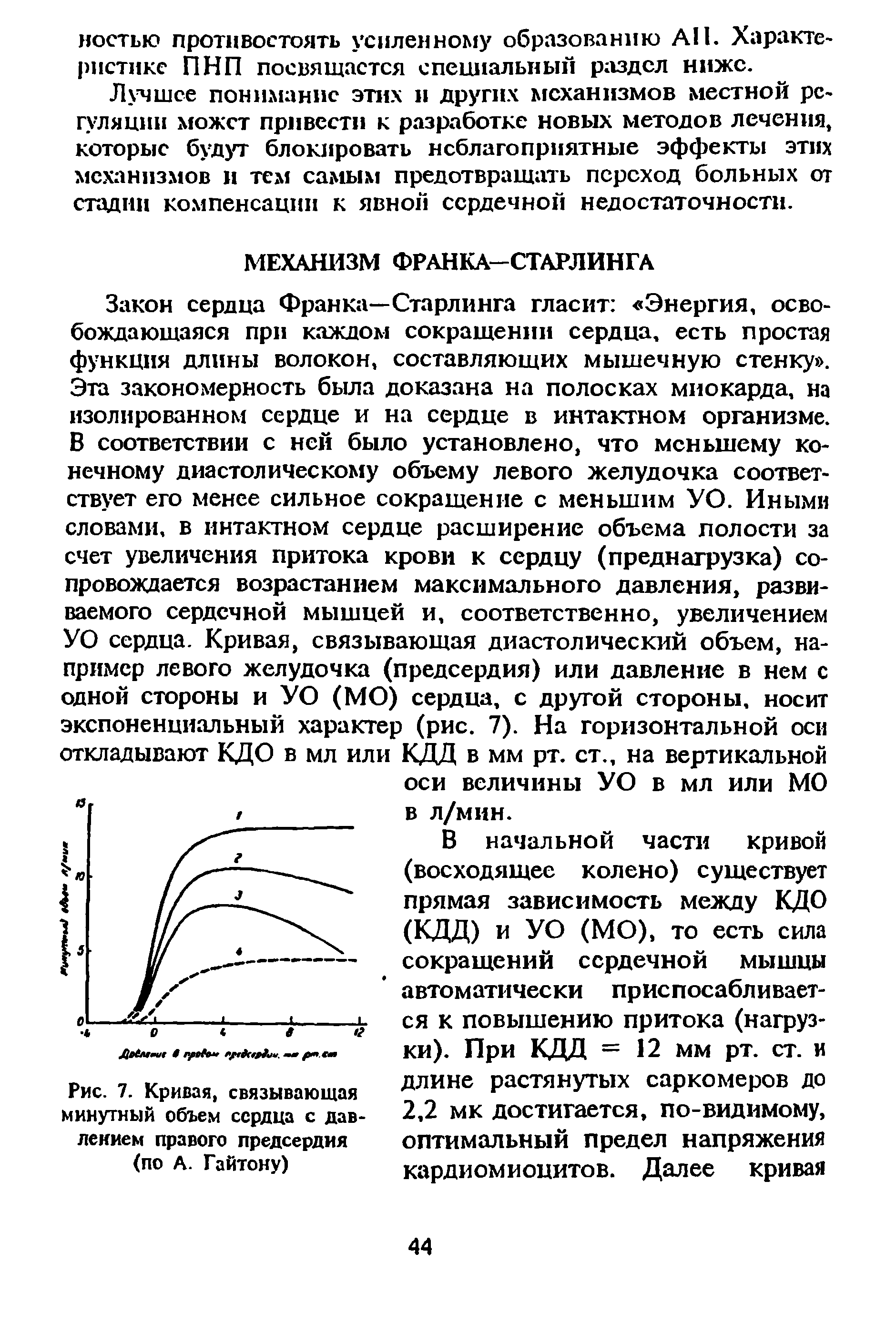 Рис. 7. Кривая, связывающая минутный объем сердца с давлением правого предсердия (по А. Гайтону)...