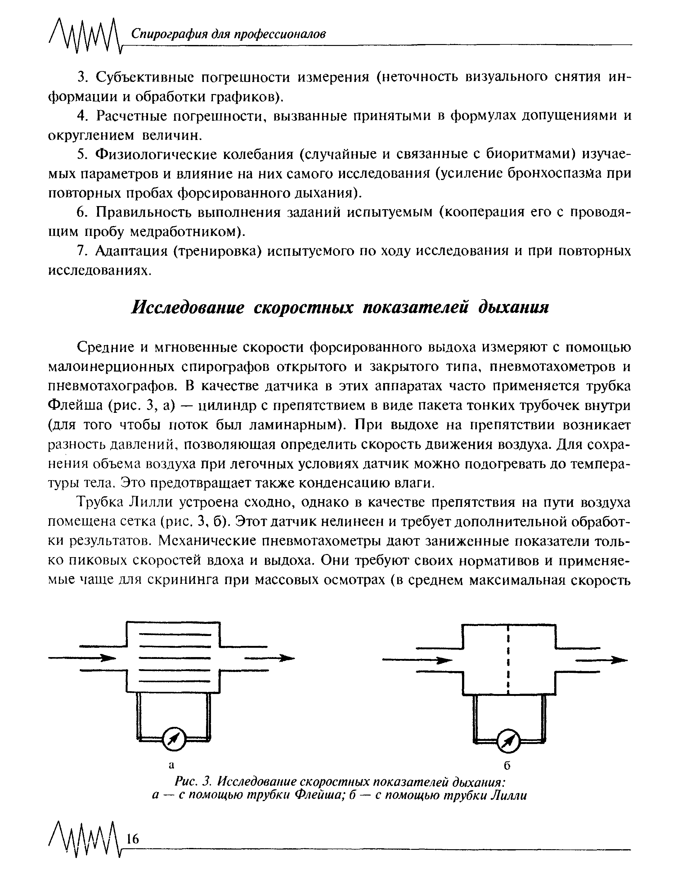 Рис. 3. Исследование скоростных показателей дыхания а — с помощью трубки Флейша б — с помощью трубки Лилли...