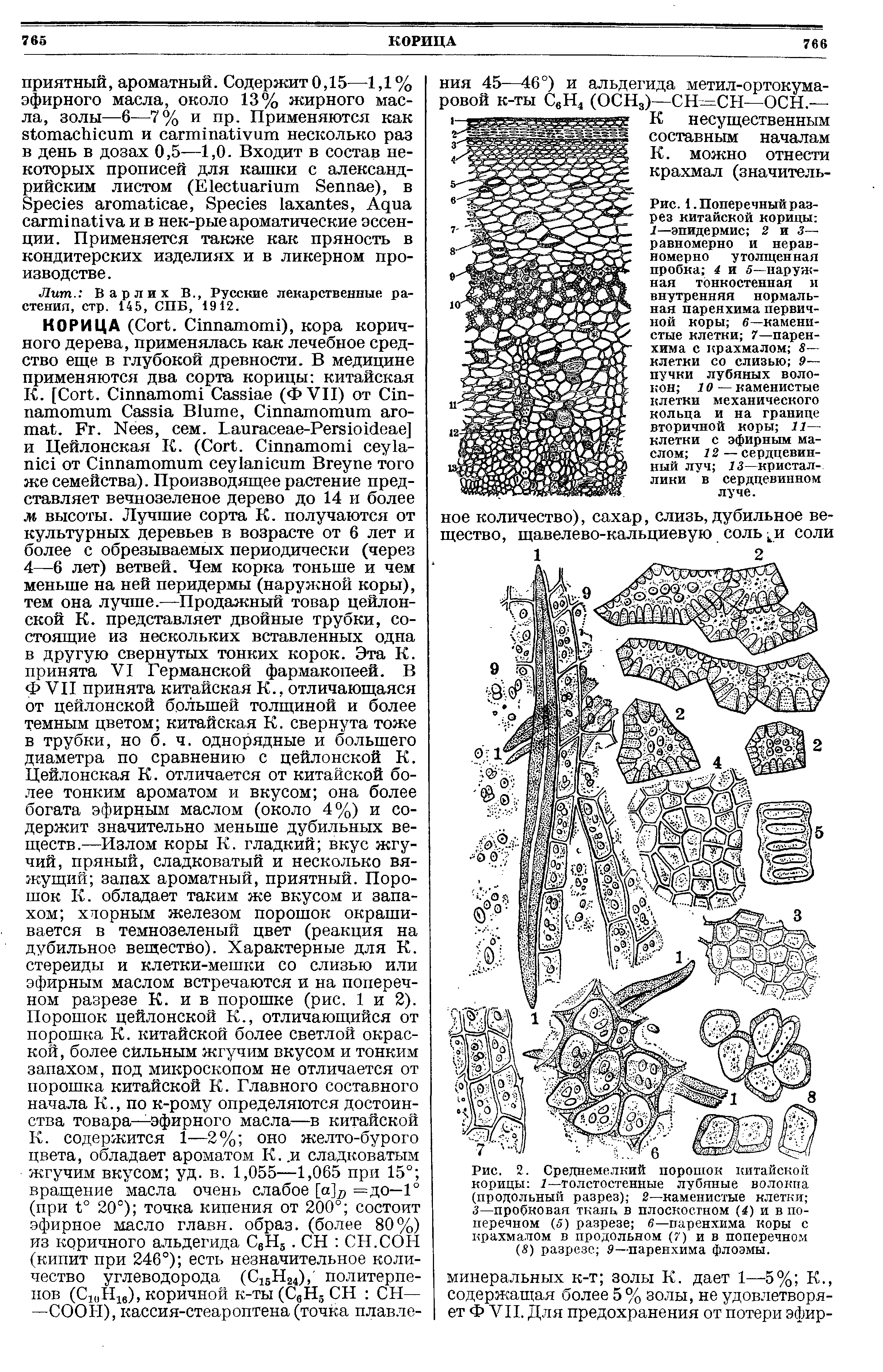 Рис. 2. Среднемелкий порошок китайской корицы 1— толстостенные лубяные волокна (продольный разрез) 2—каменистые клетки 3—пробковая ткань в плоскостном (4) и в поперечном (5) разрезе 6—паренхима коры с крахмалом в продольном (7) ив поперечном (5) разрезе 9— паренхима флоэмы.