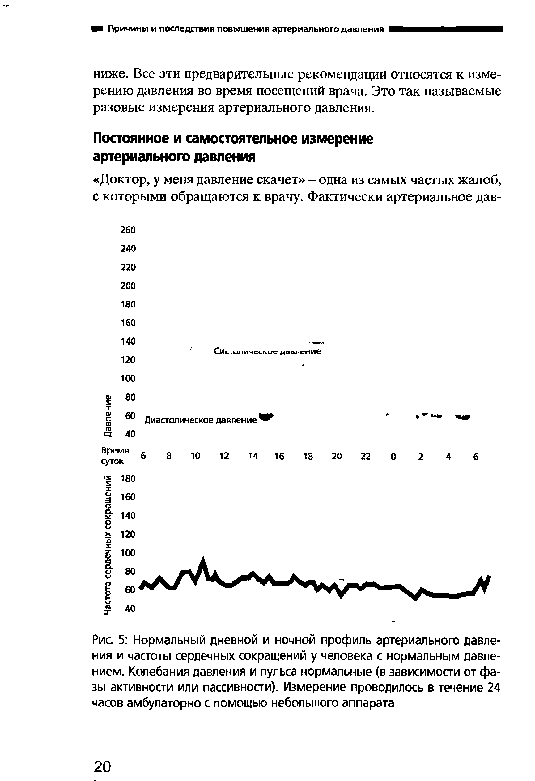 Рис. 5 Нормальный дневной и ночной профиль артериального давления и частоты сердечных сокращений у человека с нормальным давлением. Колебания давления и пульса нормальные (в зависимости от фазы активности или пассивности). Измерение проводилось в течение 24 часов амбулаторно с помощью небольшого аппарата...