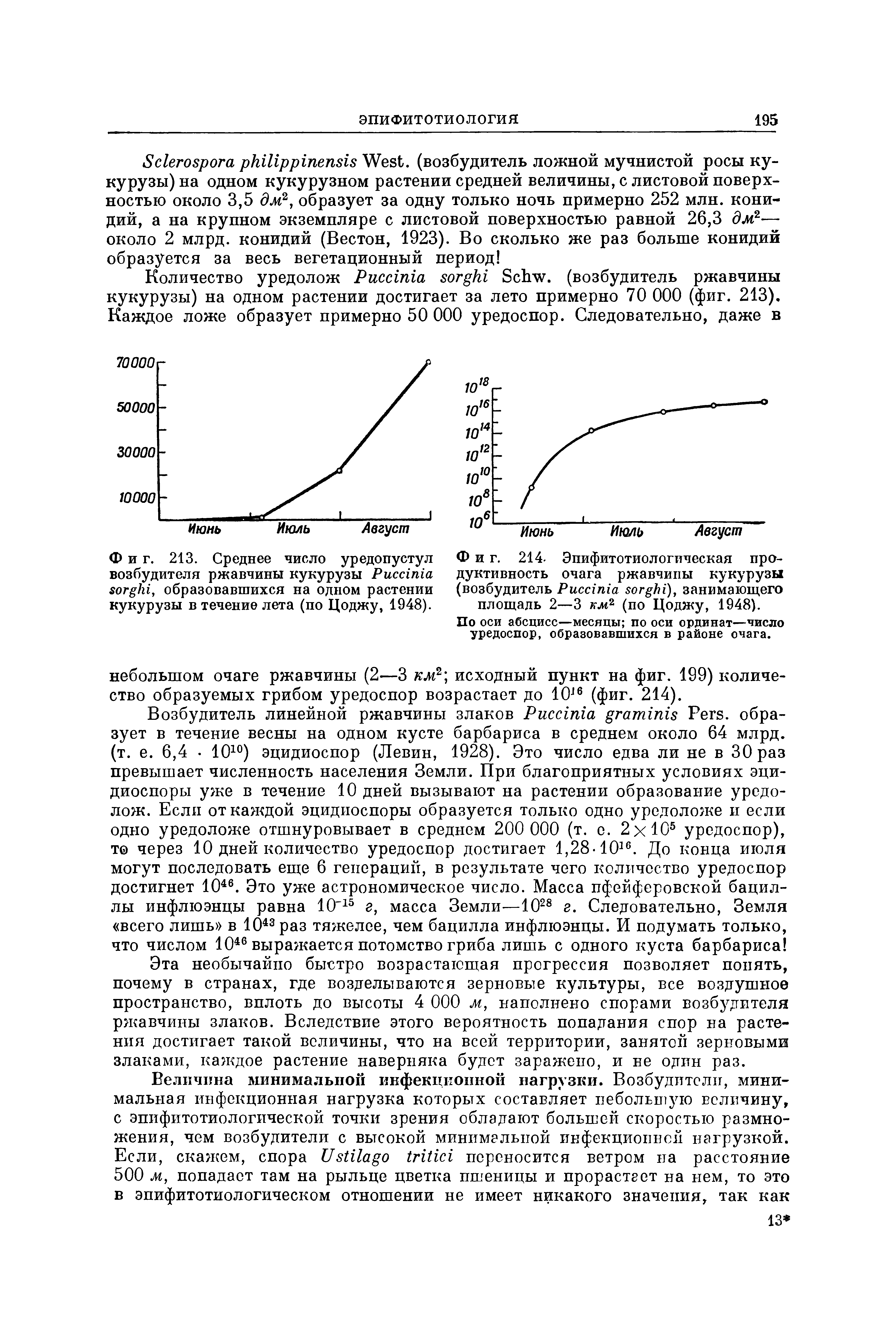 Фиг. 214, Эпифитотиологическая продуктивность очага ржавчины кукурузы (возбудитель РисыпЛа зог Ы, занимающего площадь 2—3 км2 (по Цоджу, 1948).