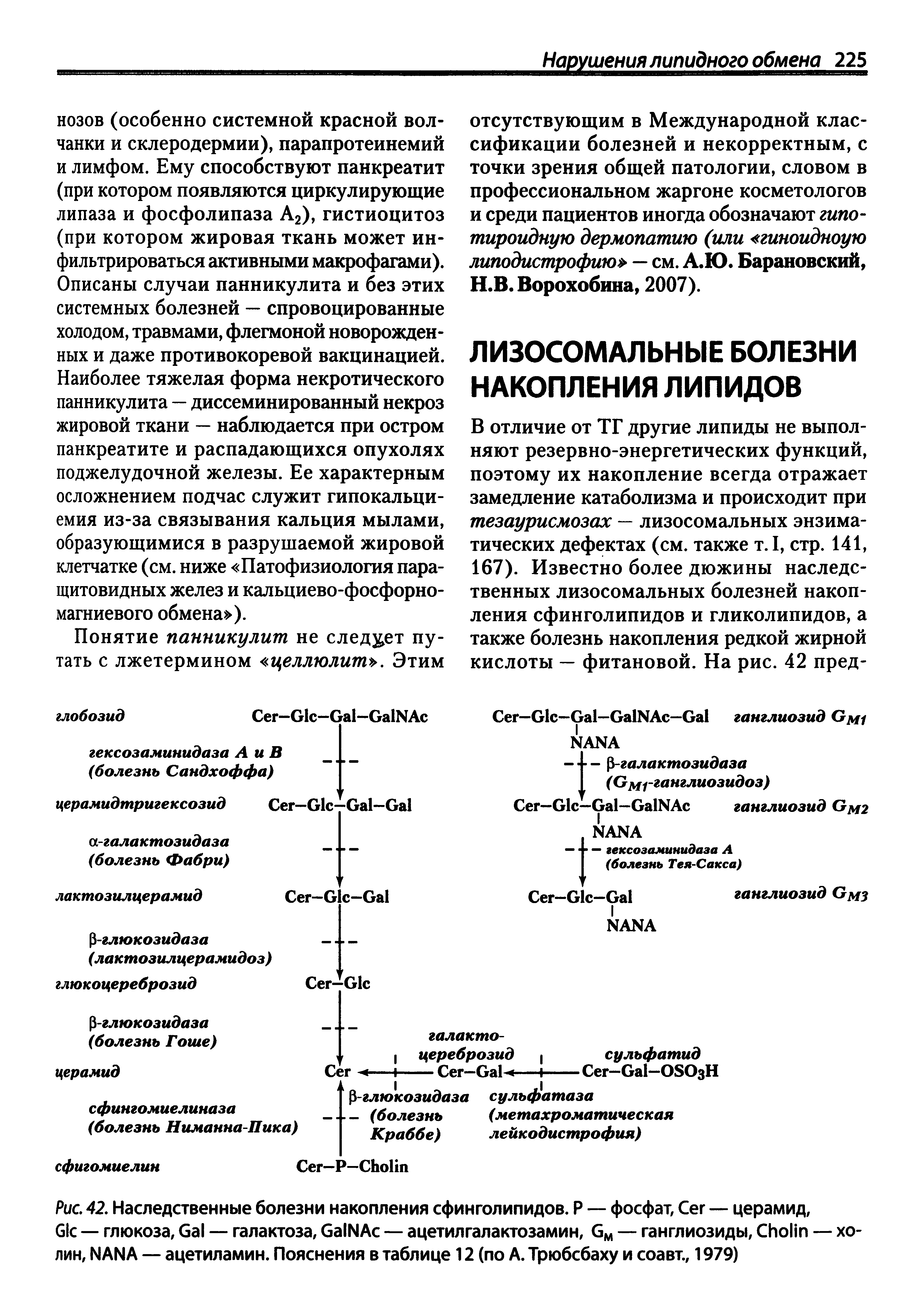 Рис. 42. Наследственные болезни накопления сфинголипидов. Р — фосфат, Сег — церамид, G — глюкоза, G — галактоза, G NA — ацетилгалактозамин, GM — ганглиозиды, C — холин, NANA — ацетиламин. Пояснения в таблице 12 (по А. Трюбсбаху и соавт., 1979)...