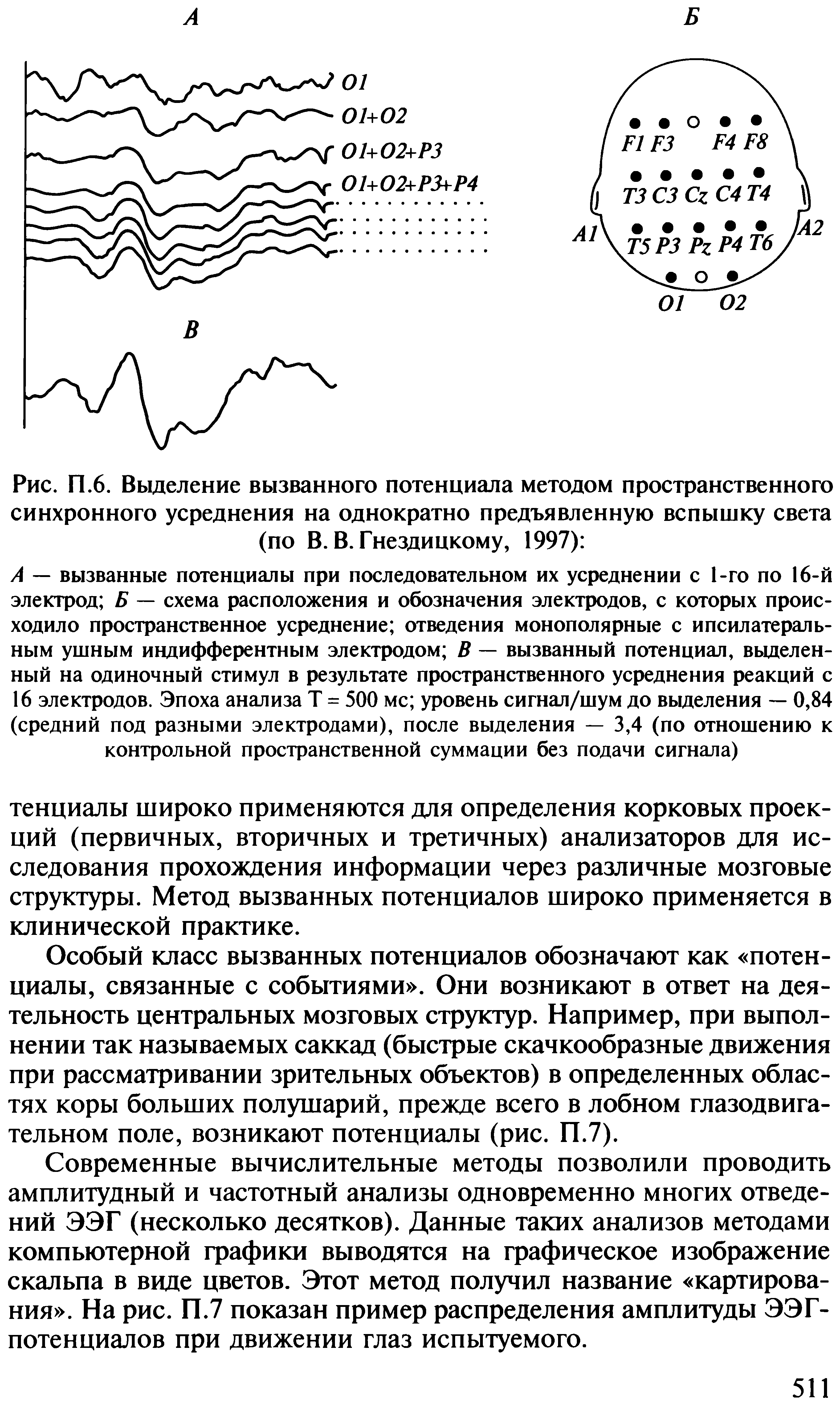 Рис. П.6. Выделение вызванного потенциала методом пространственного синхронного усреднения на однократно предъявленную вспышку света (по В. В. Гнездицкому, 1997) ...