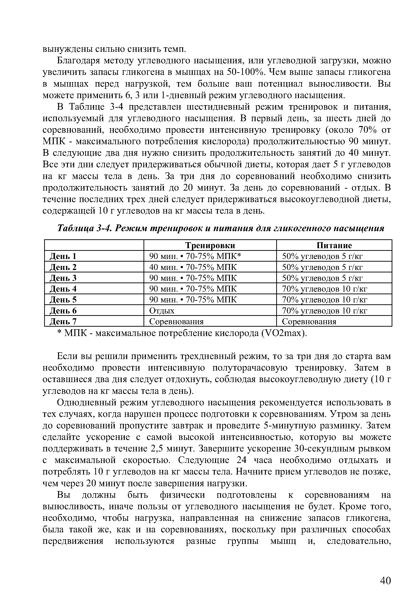 Таблица 3-4. Режим тренировок и питания для гликогенного насыщения...