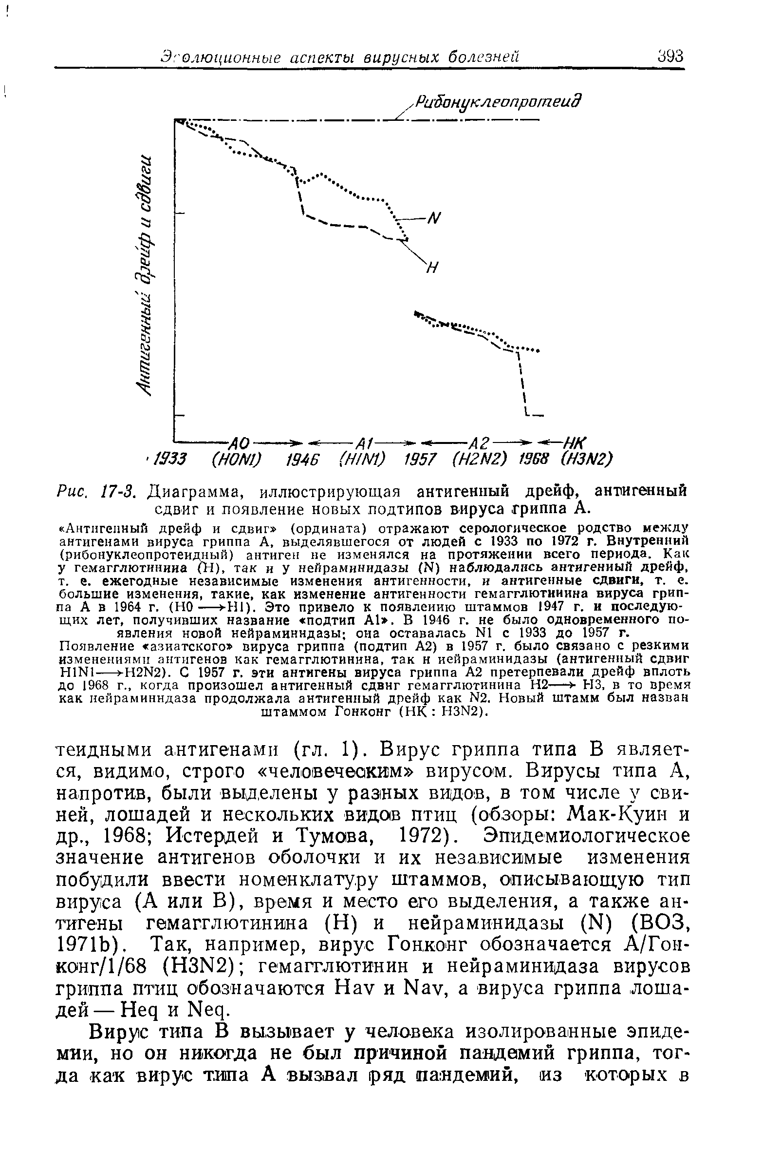 Рис. 17-3. Диаграмма, иллюстрирующая антигенный дрейф, антигенный сдвиг и появление новых подтипов вируса гриппа А.