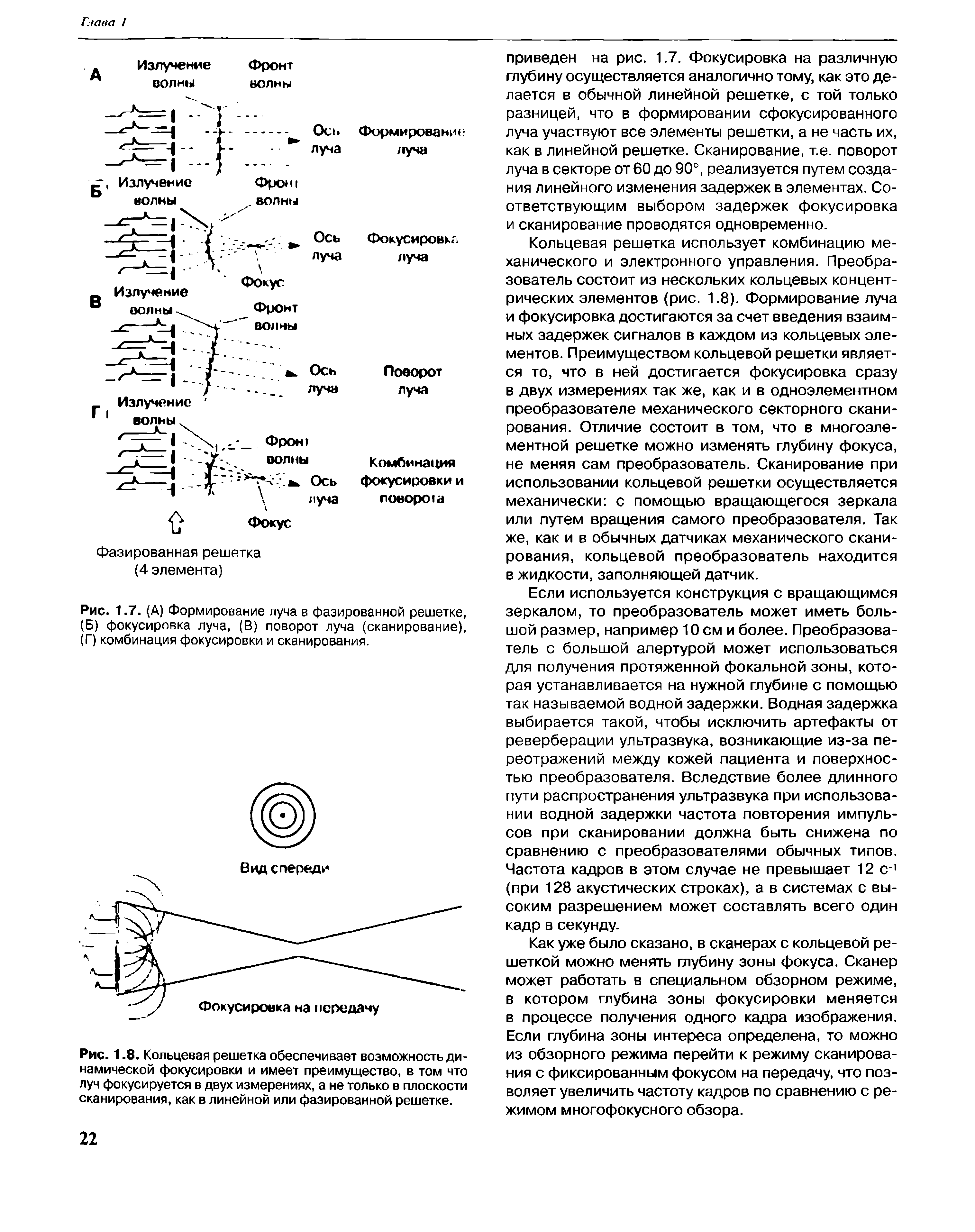 Рис. 1.8. Кольцевая решетка обеспечивает возможность динамической фокусировки и имеет преимущество, в том что луч фокусируется в двух измерениях, а не только в плоскости сканирования, как в линейной или фазированной решетке.