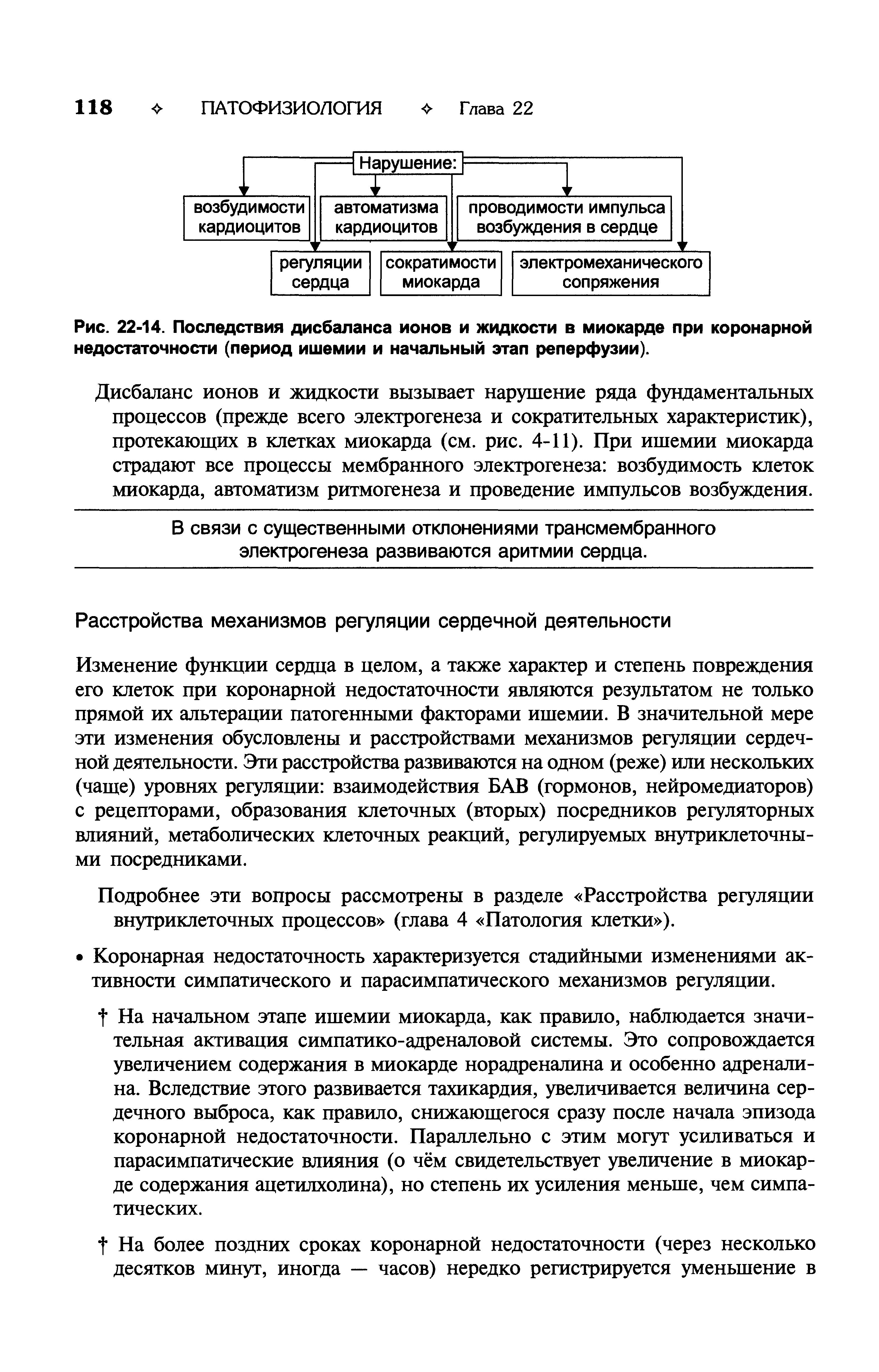 Рис. 22-14. Последствия дисбаланса ионов и жидкости в миокарде при коронарной недостаточности (период ишемии и начальный этап реперфузии).