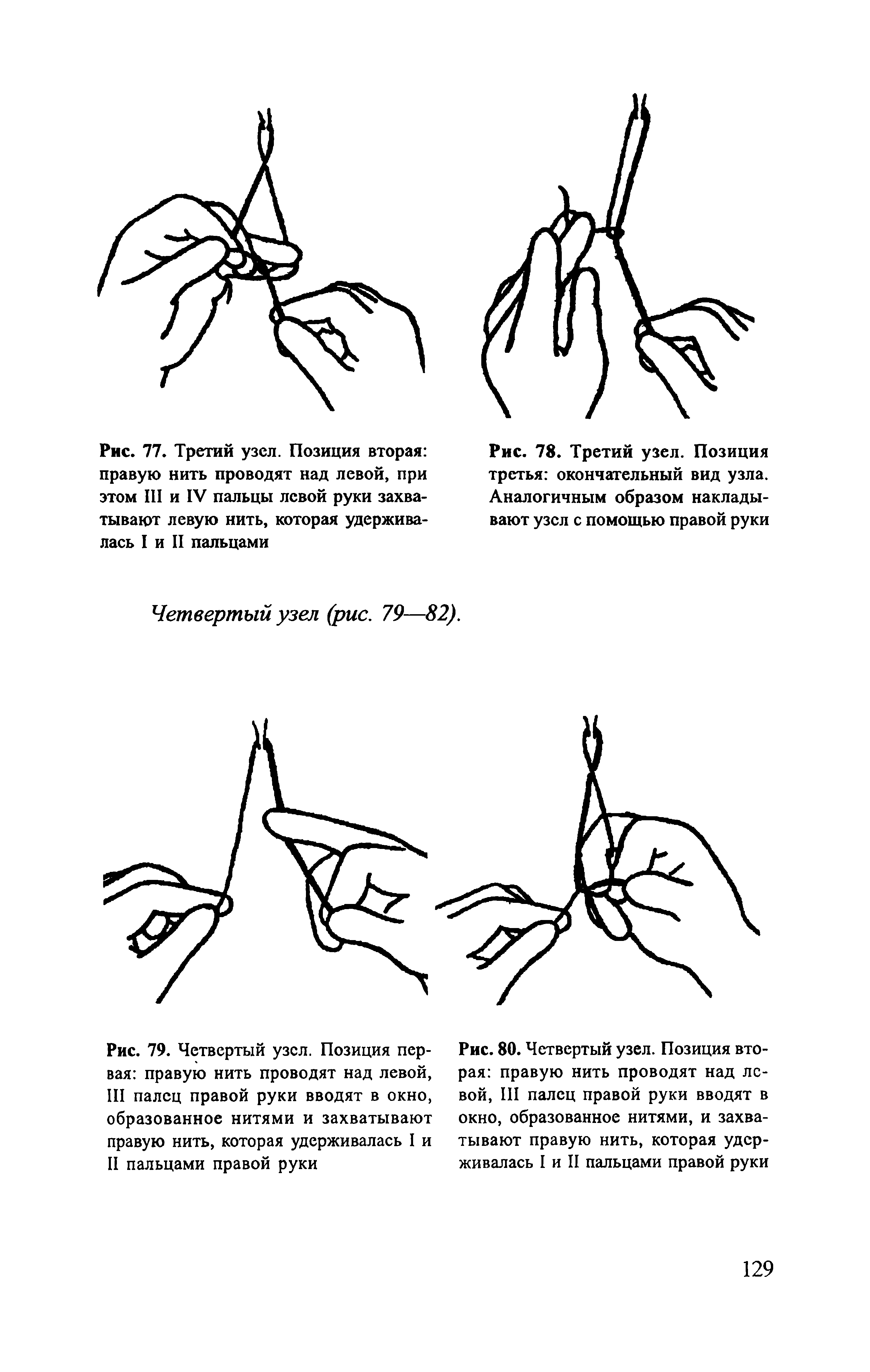 Рис. 80. Четвертый узел. Позиция вторая правую нить проводят над левой, III палец правой руки вводят в окно, образованное нитями, и захватывают правую нить, которая удерживалась I и II пальцами правой руки...