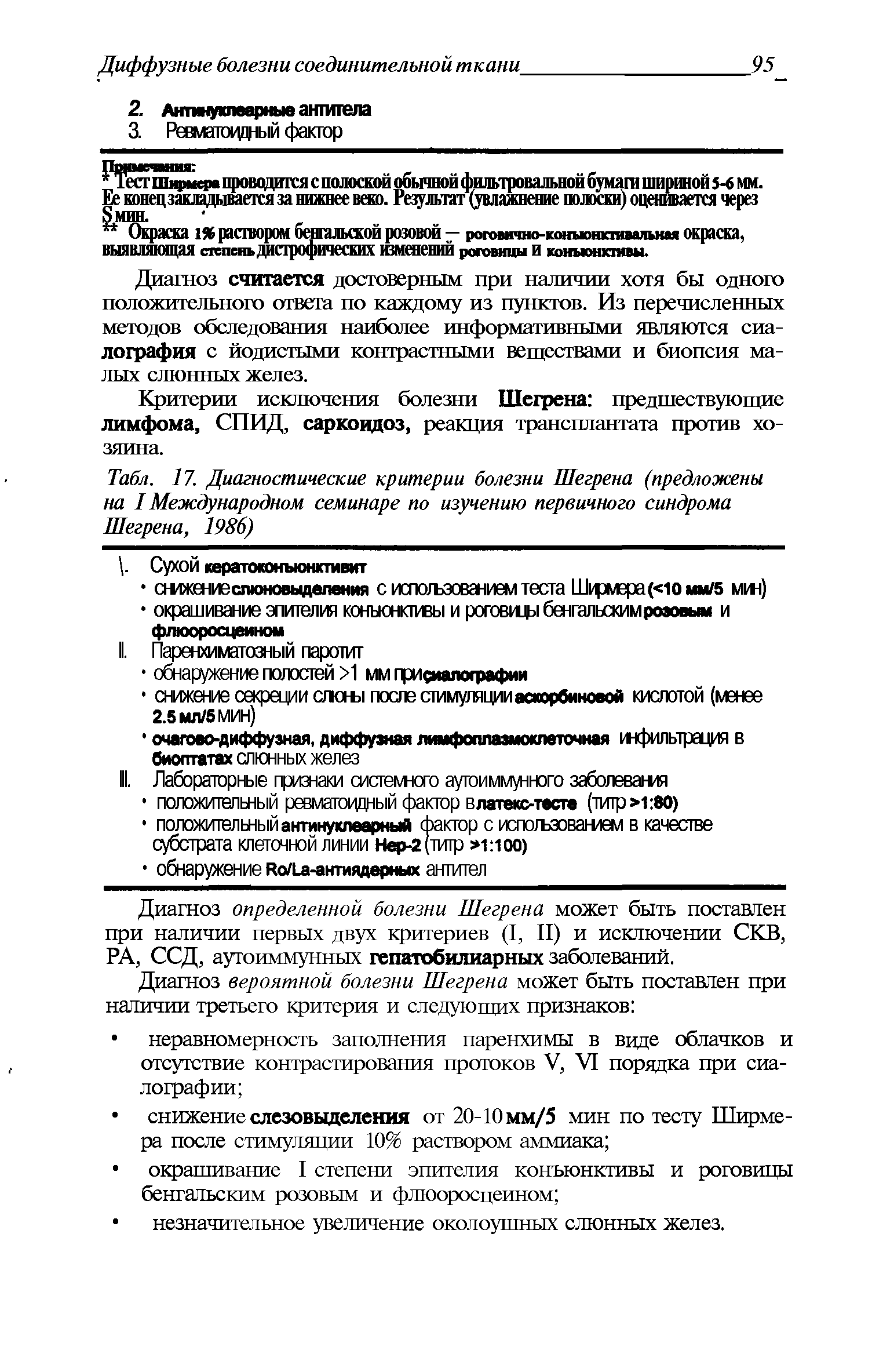 Табл. 17. Диагностические критерии болезни Шегрена (предложены на I Международном семинаре по изучению первичного синдрома Шегрена, 1986)...