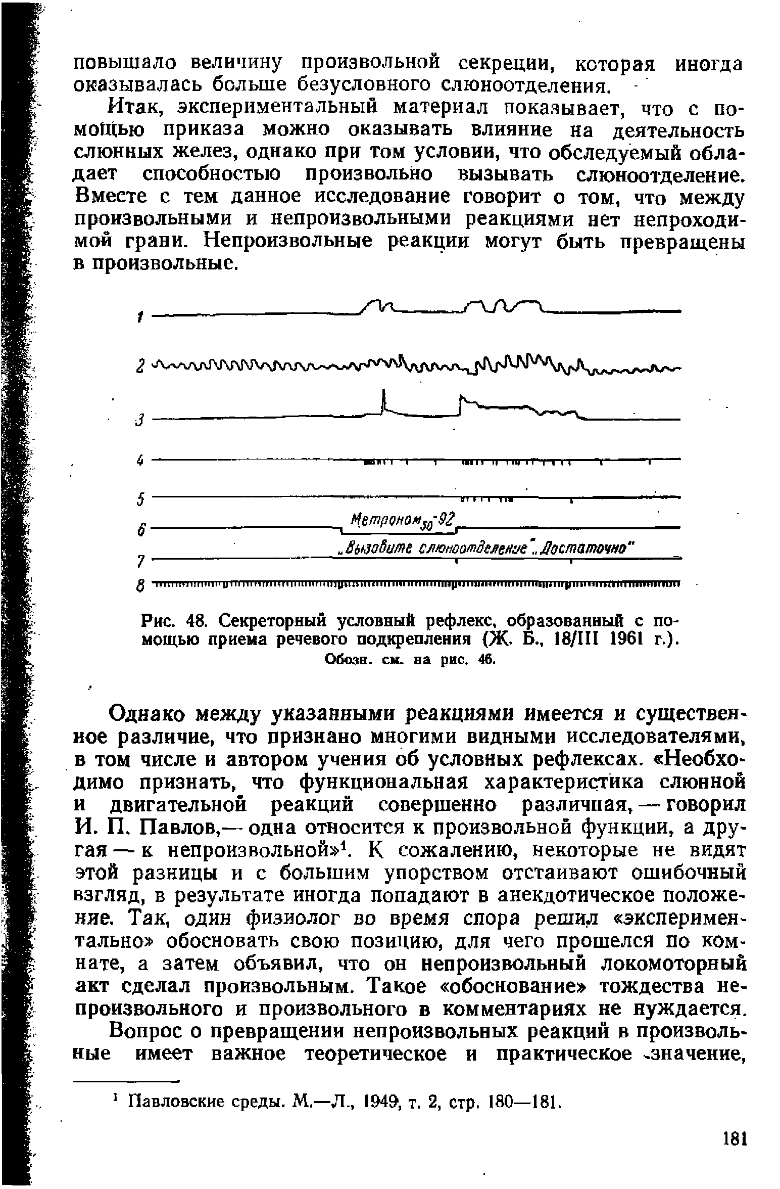 Рис. 48. Секреторный условный рефлекс, образованный с помощью приема речевого подкрепления (Ж. Б., 18/111 1961 г.). Обозн. си. на рас. 46.