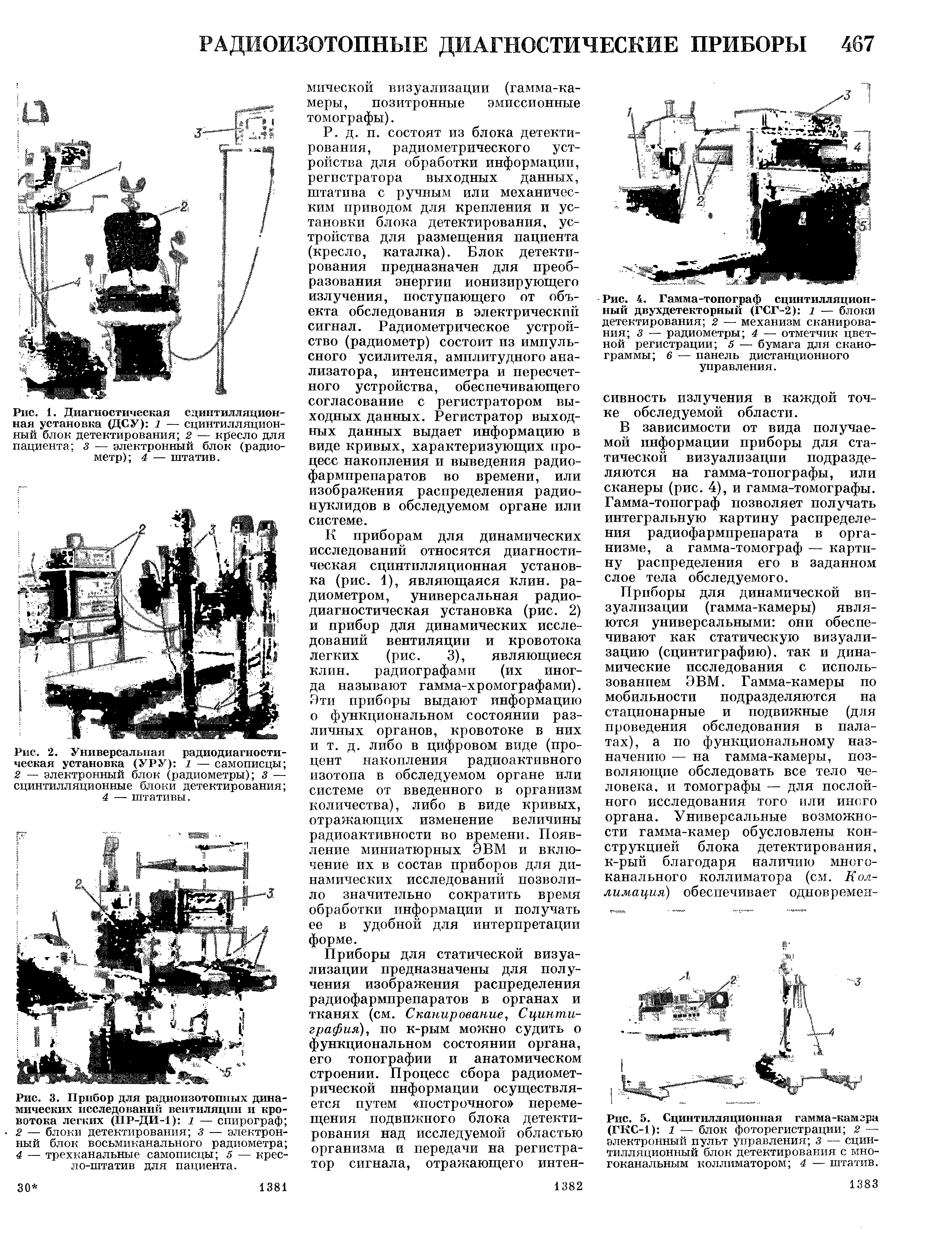 Рис. 4. Гамма-топограф сцинтилляционный двухдетекторный (ГСГ-2) 1 — блоки детектирования 2 — механизм сканирования з — радиометры 4 — отметчик цветной регистрации 5 — бумага для сканограммы 6 — панель дистанционного управления.