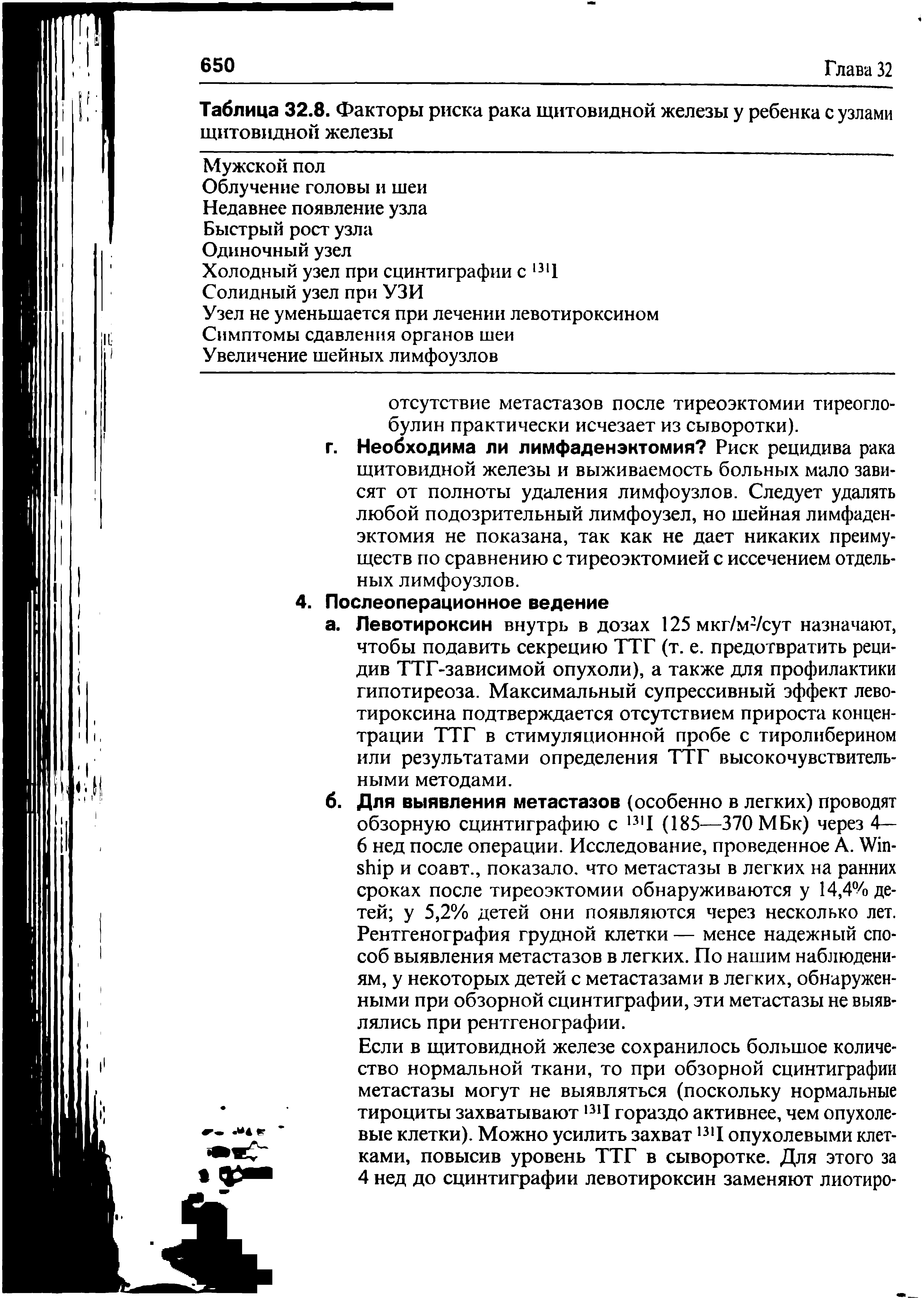 Таблица 32.8. Факторы риска рака щитовидной железы у ребенка с узлами щитовидной железы...