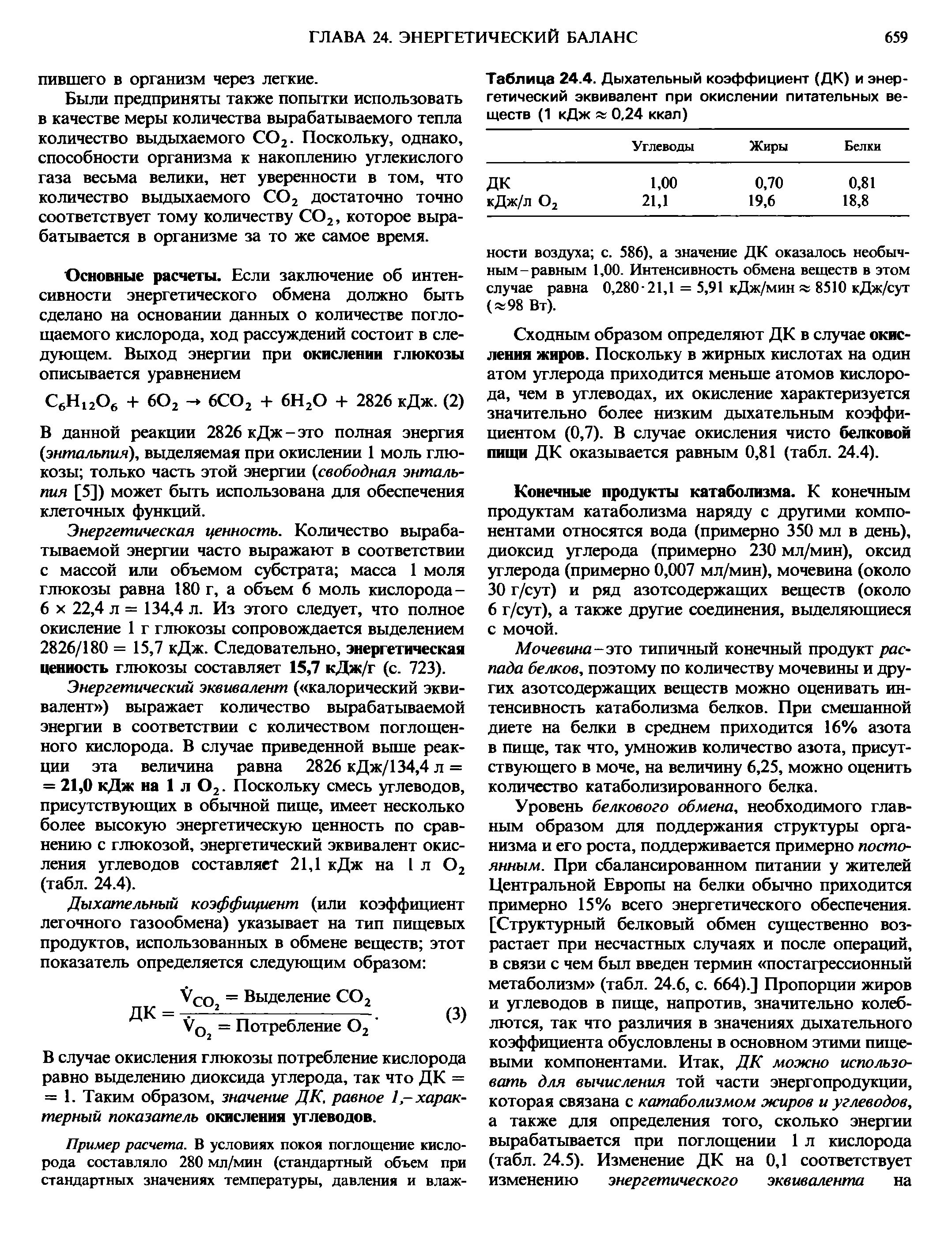 Таблица 24.4. Дыхательный коэффициент (ДК) и энергетический эквивалент при окислении питательных веществ (1 кДж ж 0,24 ккал)...