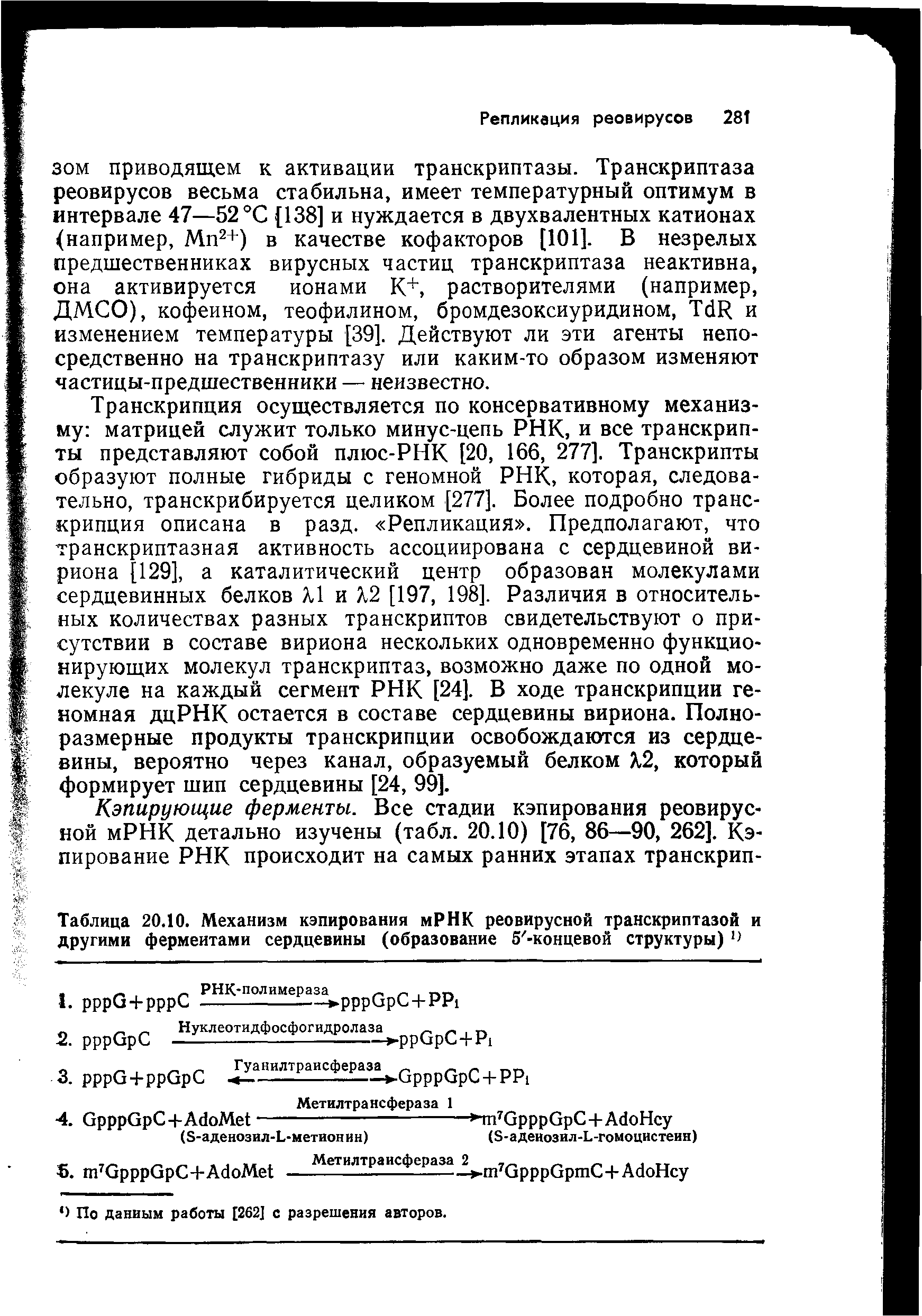 Таблица 20.10. Механизм кэпирования мРНК реовирусной транскриптазой и другими ферментами сердцевины (образование 5 -концевой структуры) 1)...