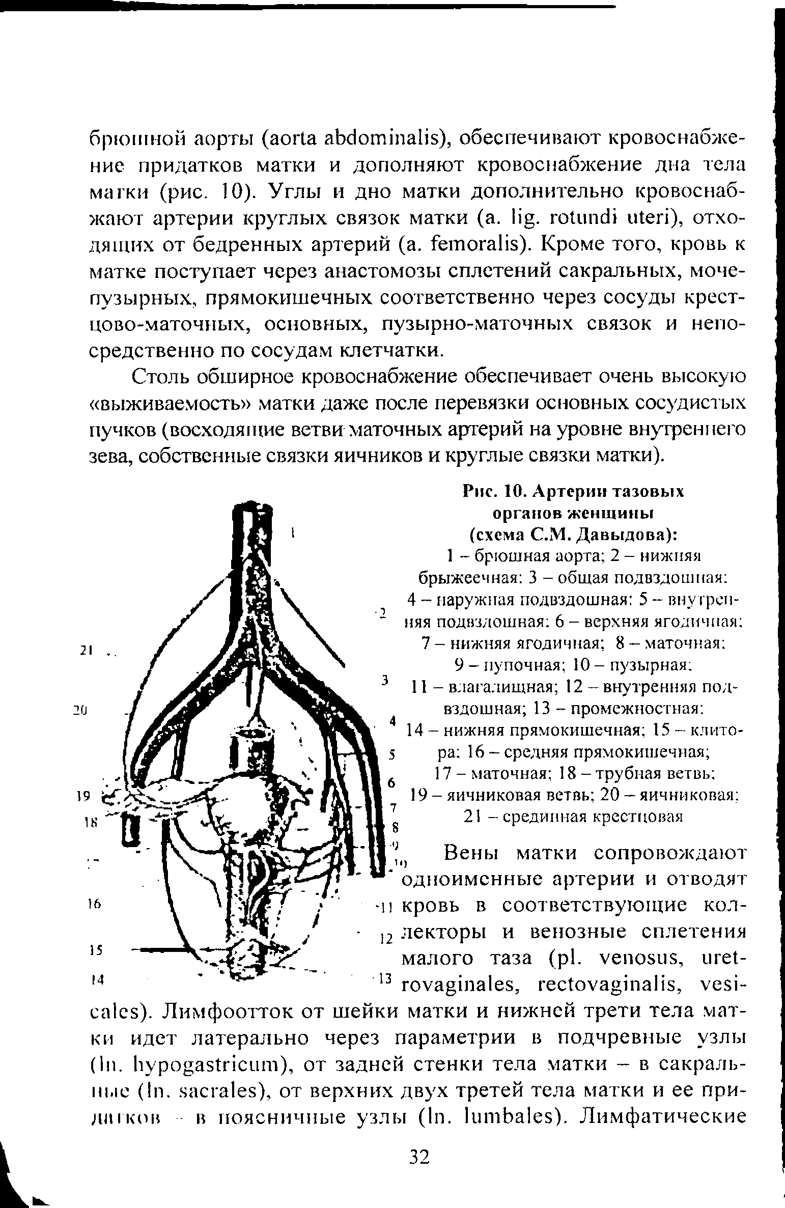 Рис. 10. Артерии тазовых органов женщины (схема С.М. Давыдова) 1 - брюшная аорта 2 - нижняя брыжеечная 3 - общая подвздошная 4 - наружная подвздошная 5 - внутрсп- няя подвздошная 6 - верхняя ягодичная 7 - нижняя ягодичная 8 - маточная ...