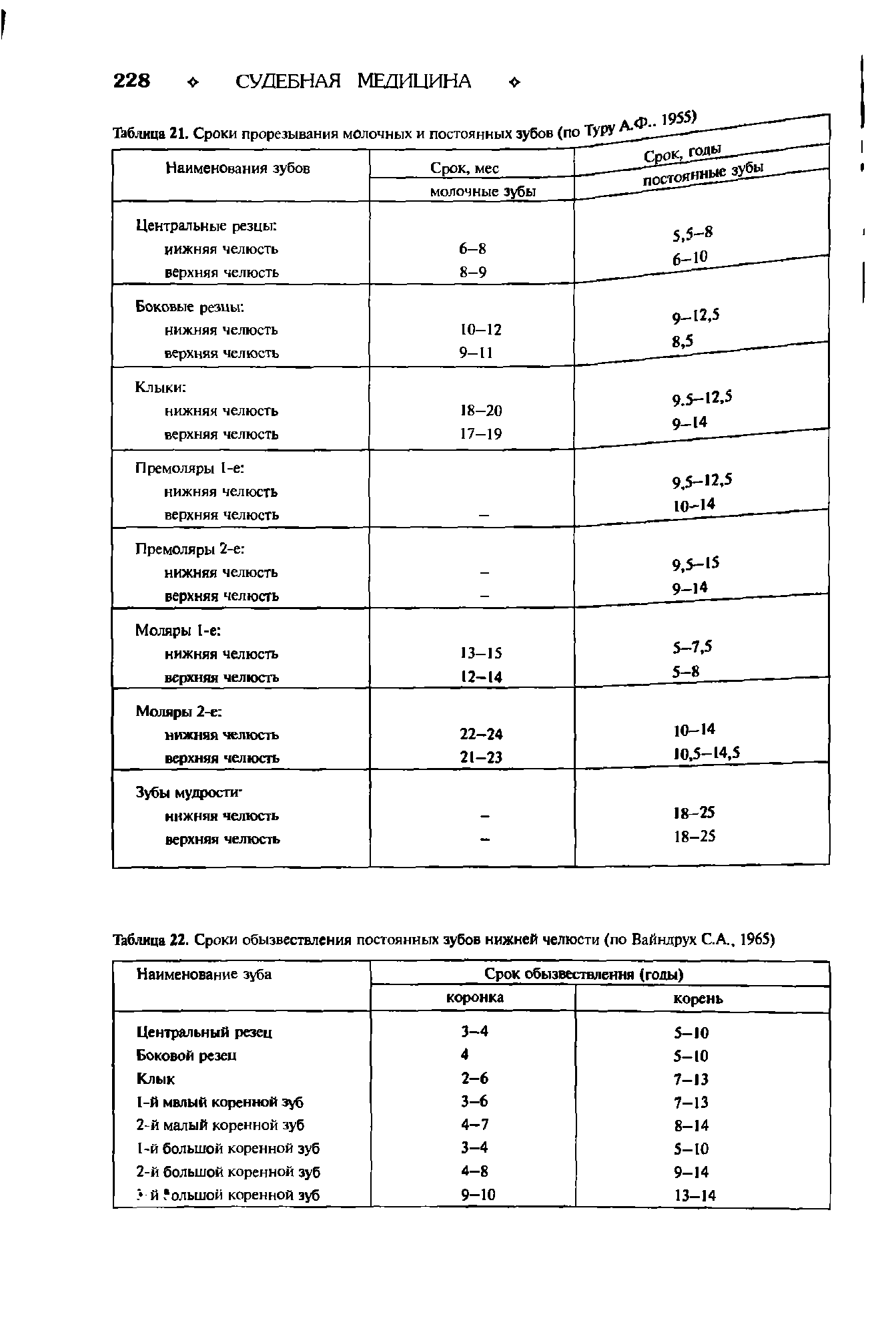 Таблица 22. Сроки обызвествления постоянных зубов нижней челюсти (по ВаЙндрух С.А., 1965)...