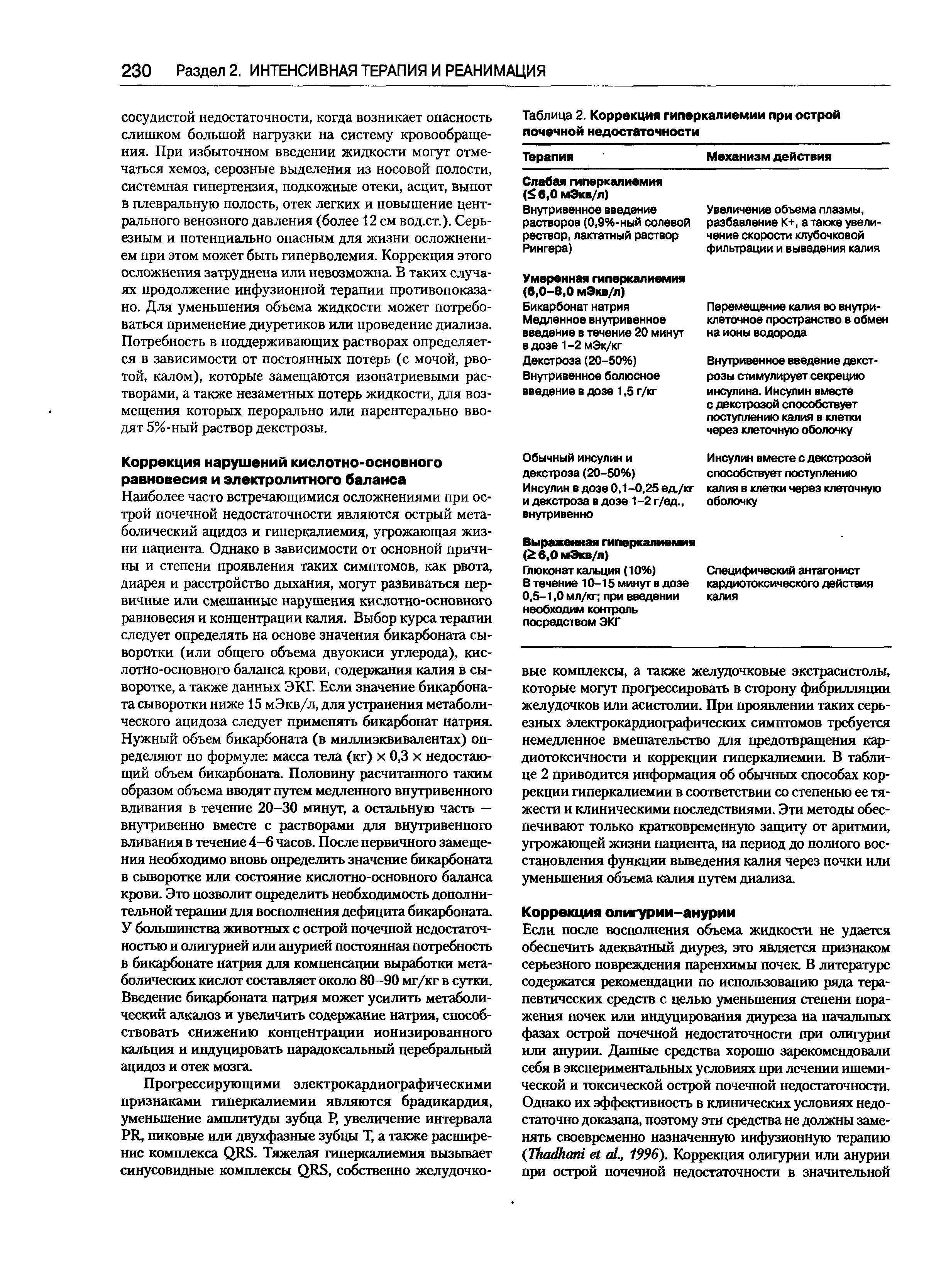 Таблица 2. Коррекция гиперкалиемии при острой почечной недостаточности...