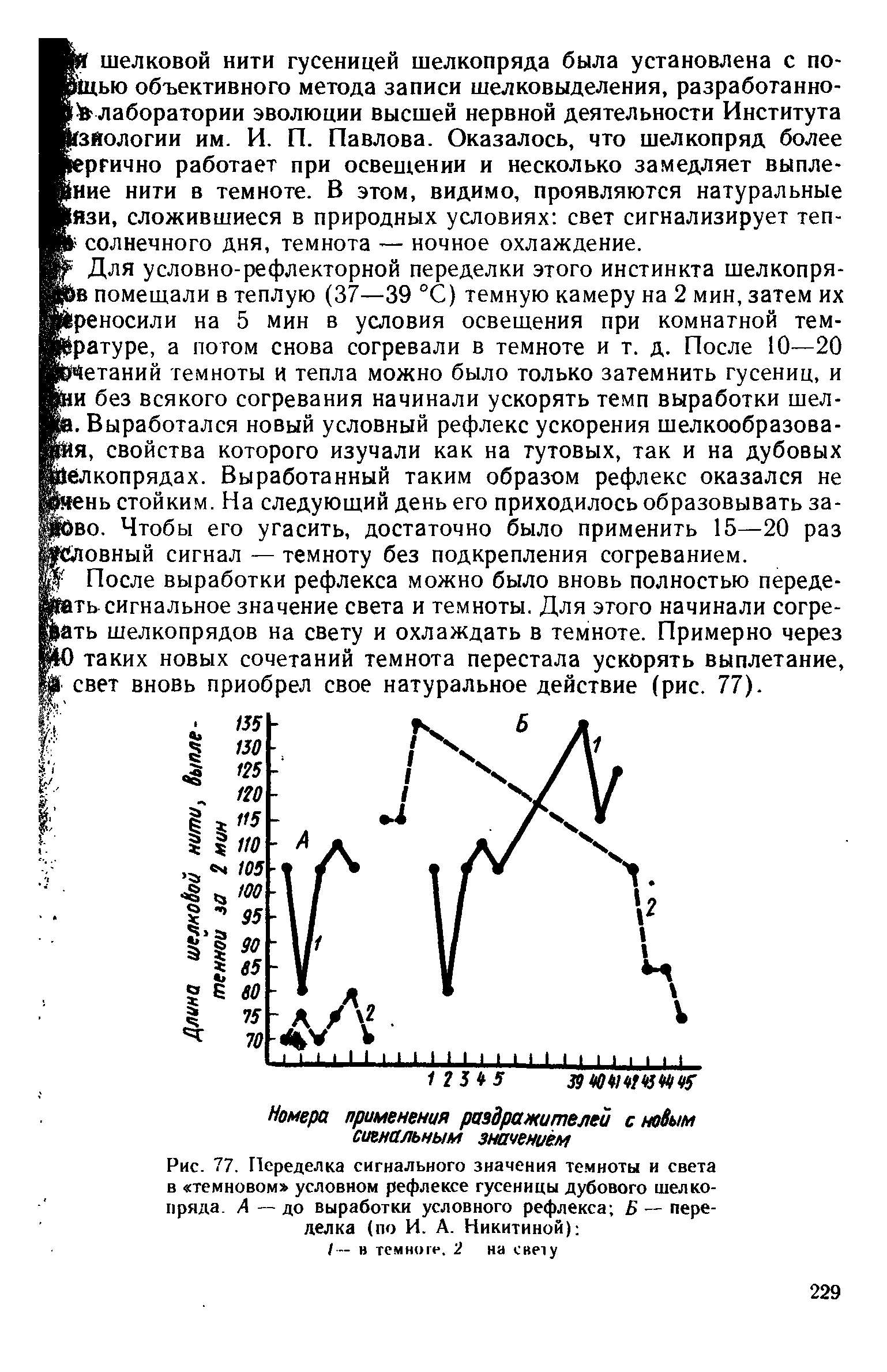 Рис. 77. Переделка сигнального значения темноты и света в темновом условном рефлексе гусеницы дубового шелкопряда. А — до выработки условного рефлекса Б — переделка (по И. А. Никитиной) ...