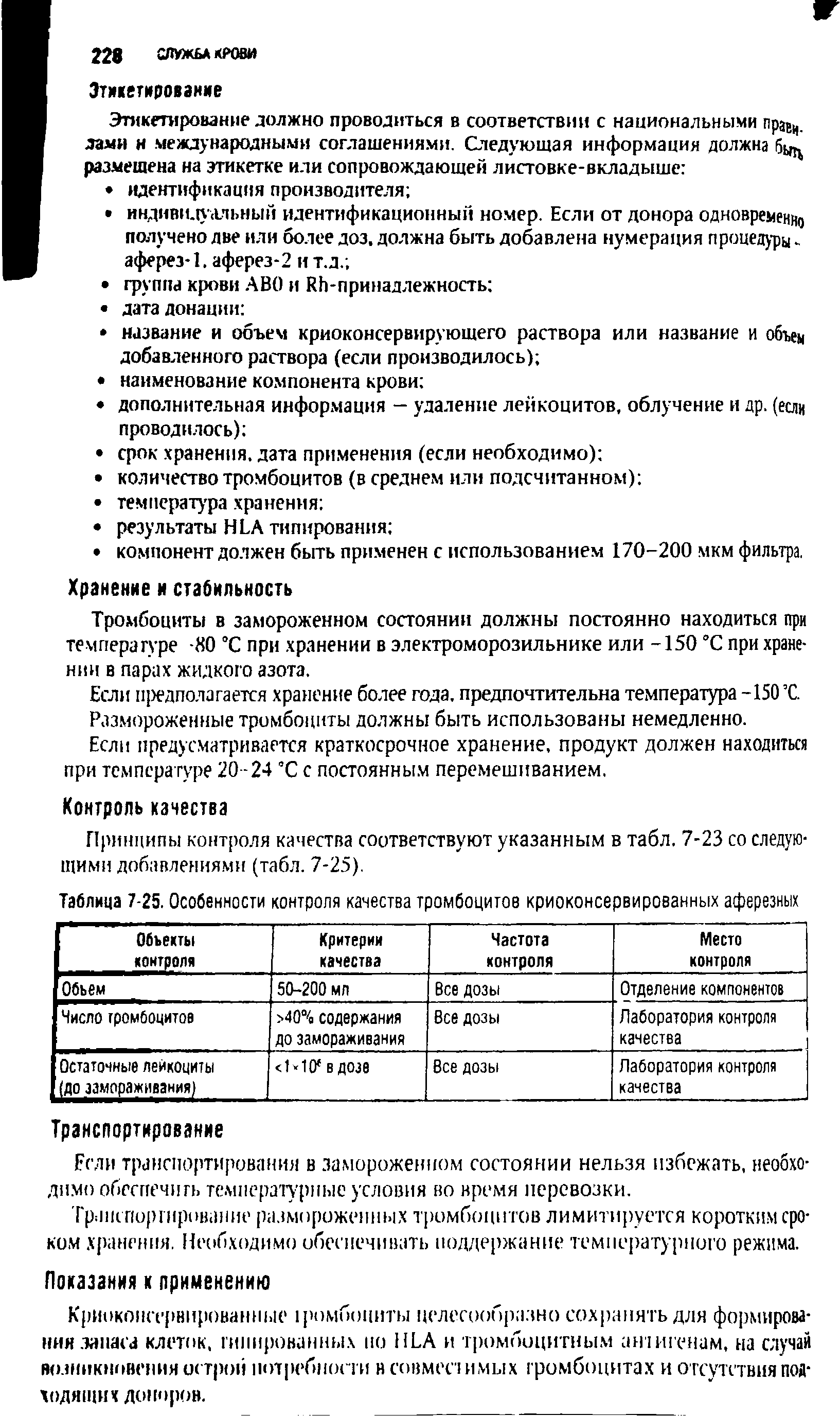 Таблица 7-25. Особенности контроля качества тромбоцитов криоконсервированных аферезных...