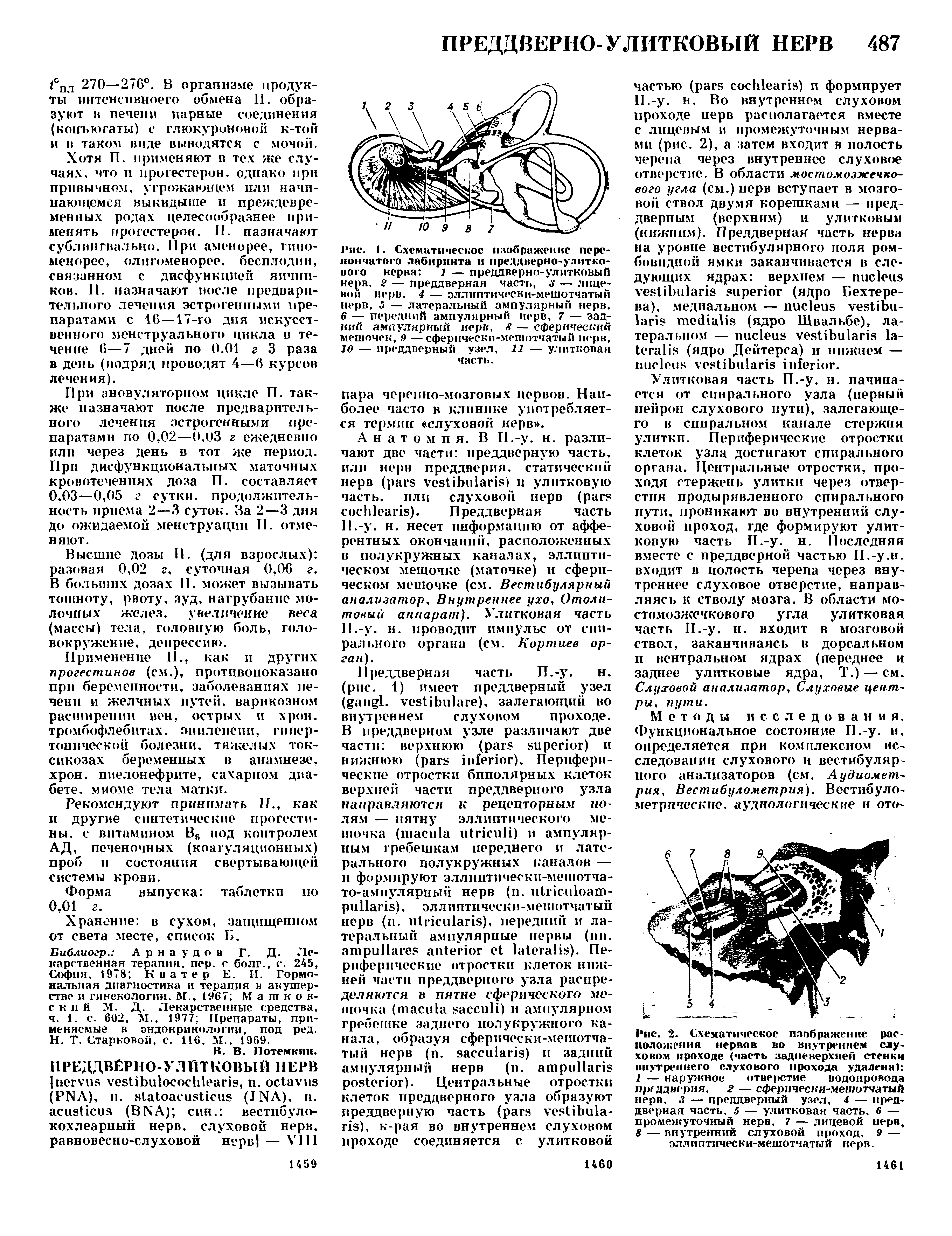 Рис. 2. Схематическое изображение расположения нервов во внутреннем слуховом проходе (часть задневерхней стенки внутреннего слухового прохода удалена) 1 — наружное отверстие водопровода преддверия, 2 — сферически-мешотчатый нерв, 3 — преддверный узел, 4 — преддверная часть, 5 — улитковая часть. 6 — промежуточный нерв, 7 — лицевой нерв, 8 — внутренний слуховой проход, 9 — эллиптически-мешотчатый нерв.