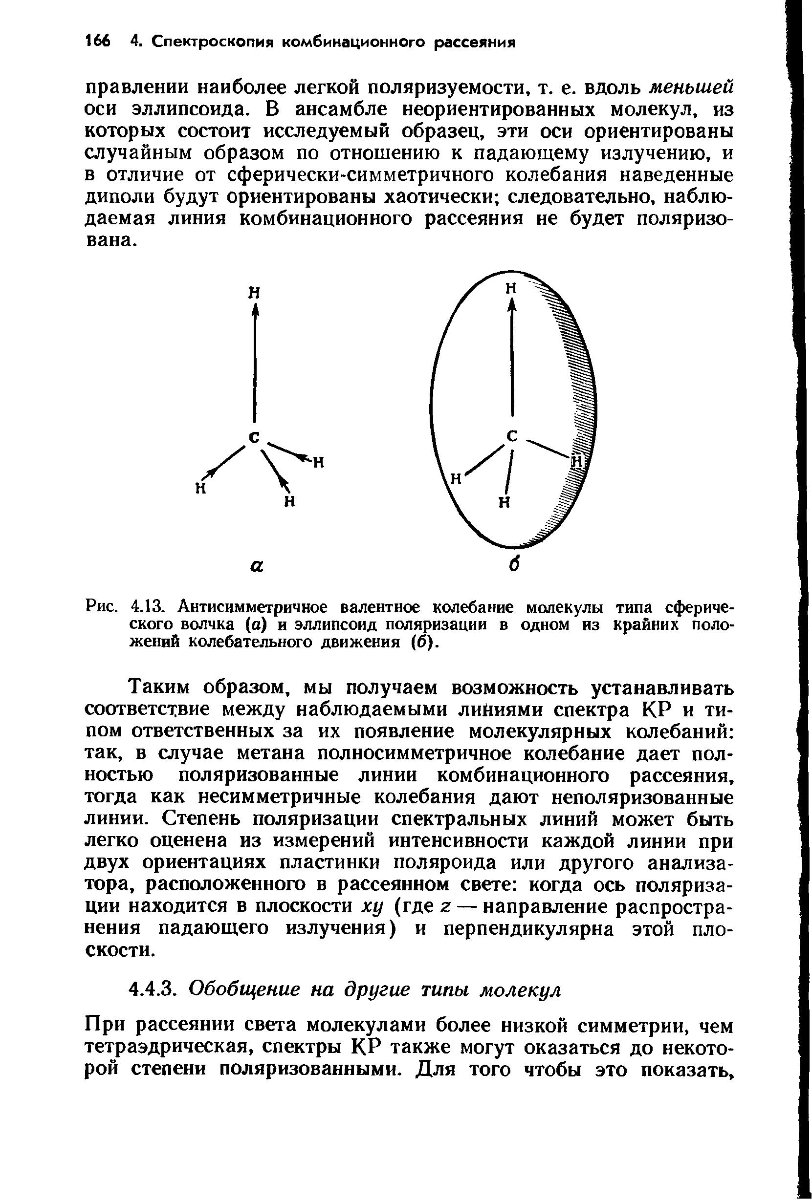 Рис. 4.13. Антисимметричное валентное колебание молекулы типа сферического волчка (а) и эллипсоид поляризации в одном из крайних положений колебательного движения (б).