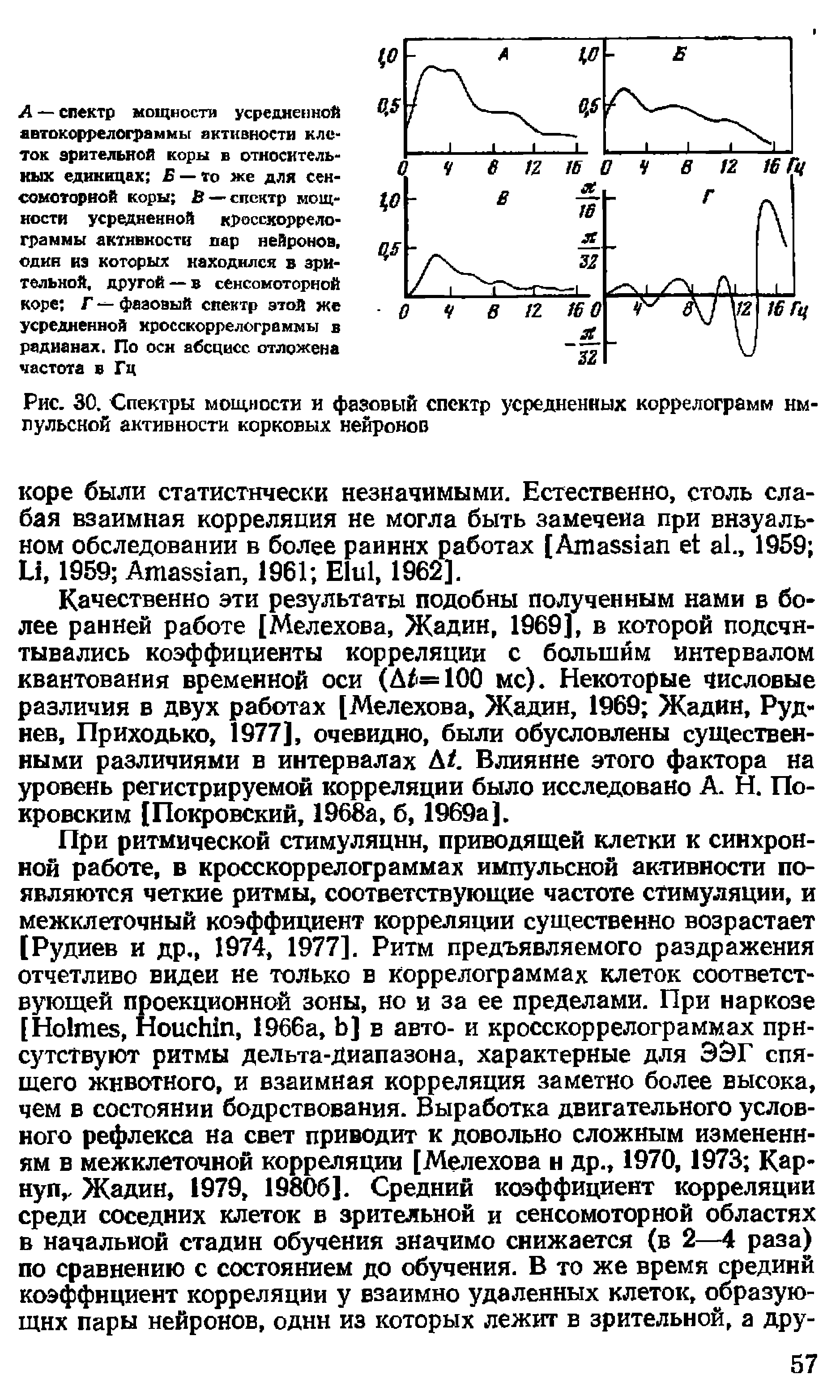 Рис. 30. Спектры мощности и фазовый спектр усредненных коррелограмм импульсной активности корковых нейронов...