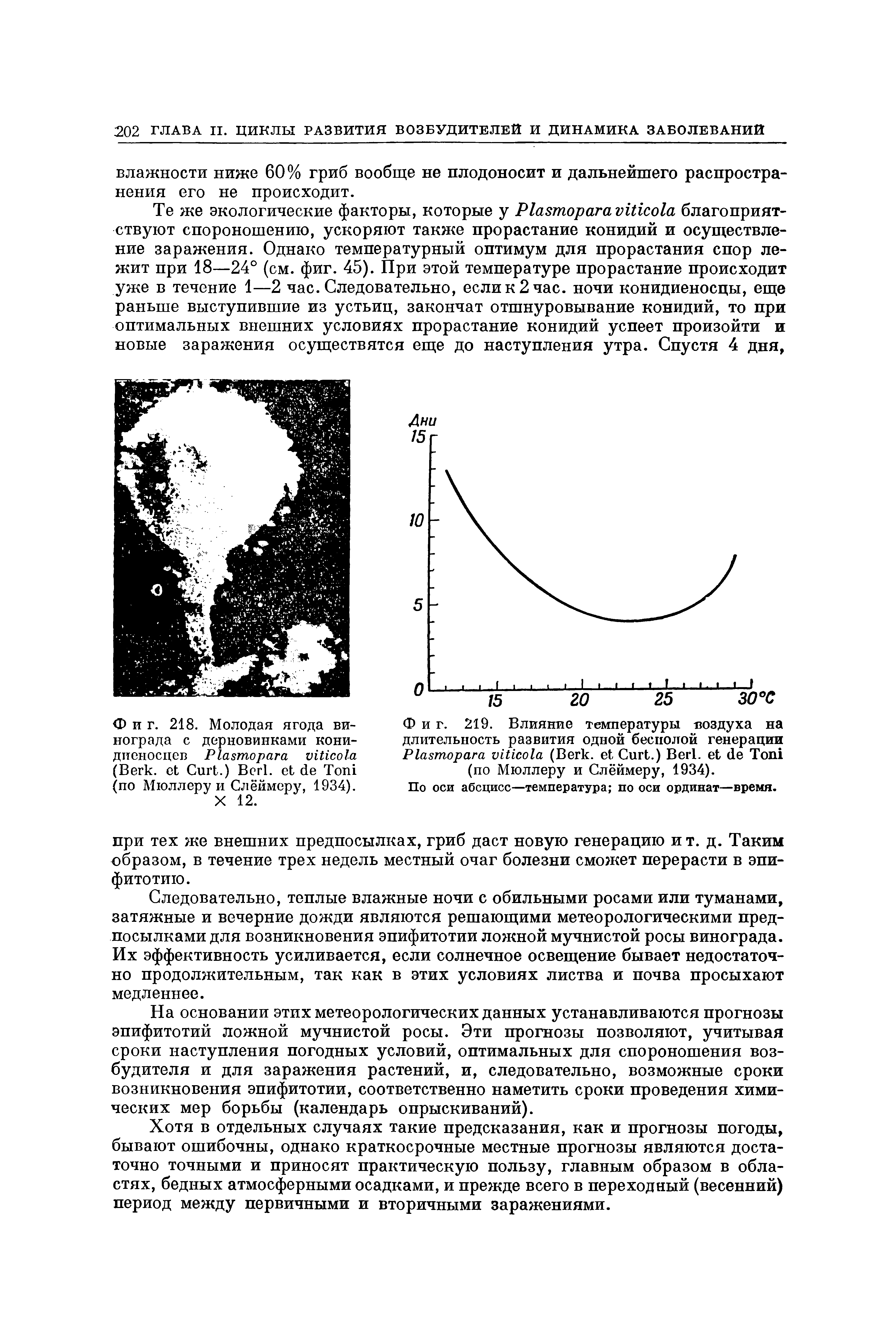 Фиг. 219. Влияние температуры воздуха на длительность развития одной бесполой генерации P (B , C .) B . T (по Мюллеру и Слёймеру, 1934).