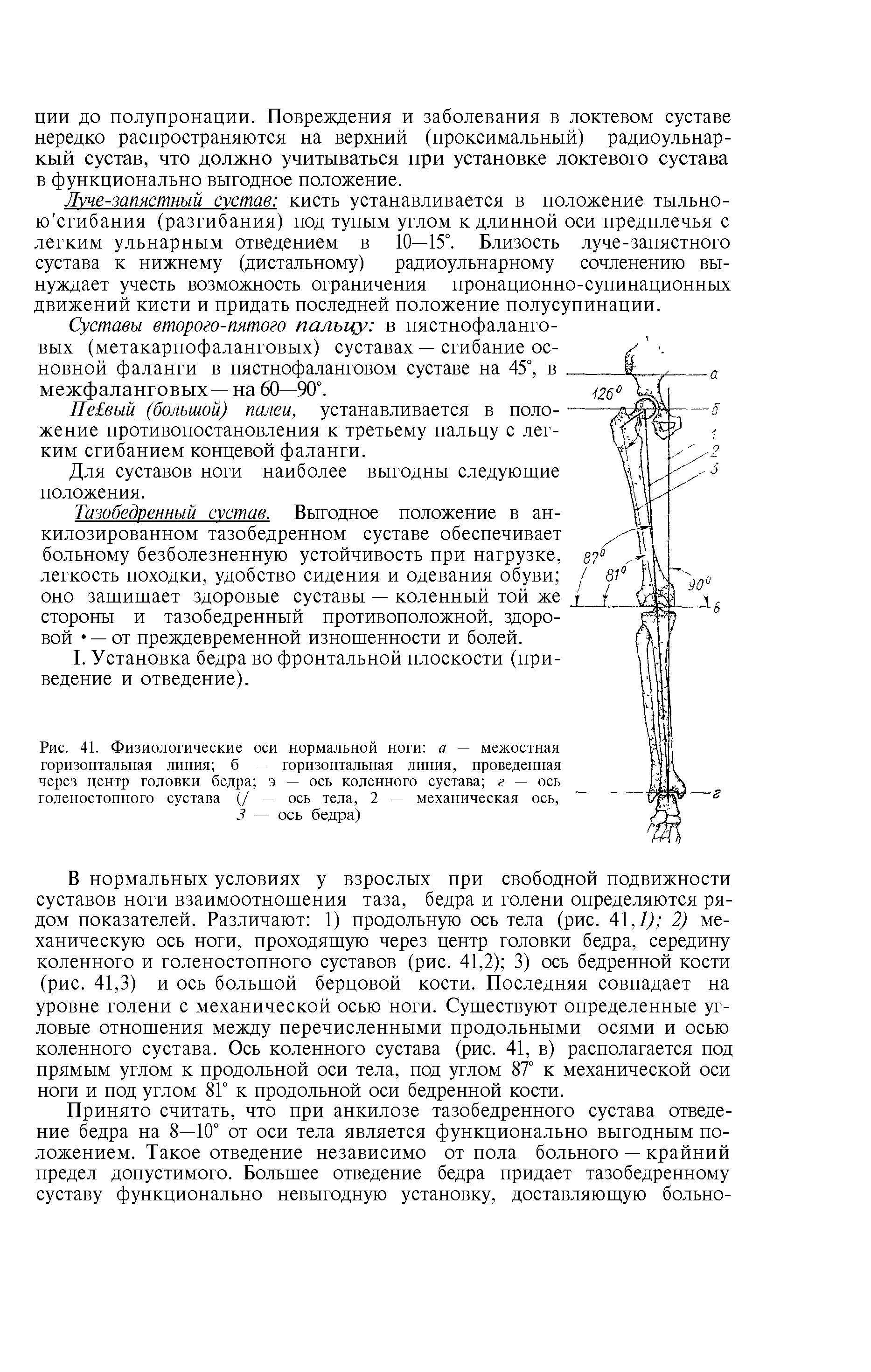 Рис. 41. Физиологические оси нормальной ноги а — межостная горизонтальная линия б — горизонтальная линия, проведенная через центр головки бедра э — ось коленного сустава г — ось голеностопного сустава (/ — ось тела, 2 — механическая ось, 3 — ось бедра)...