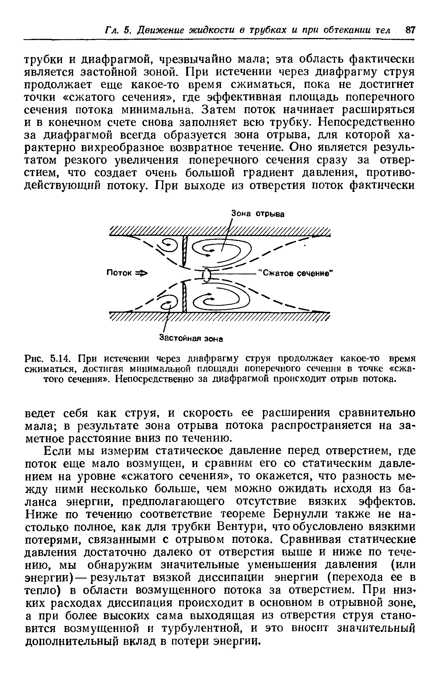 Рис. 5.14. При истечении через диафрагму струя продолжает какое-то время сжиматься, достигая минимальной площади поперечного сечения в точке сжатого сечения . Непосредственно за диафрагмой происходит отрыв потока.