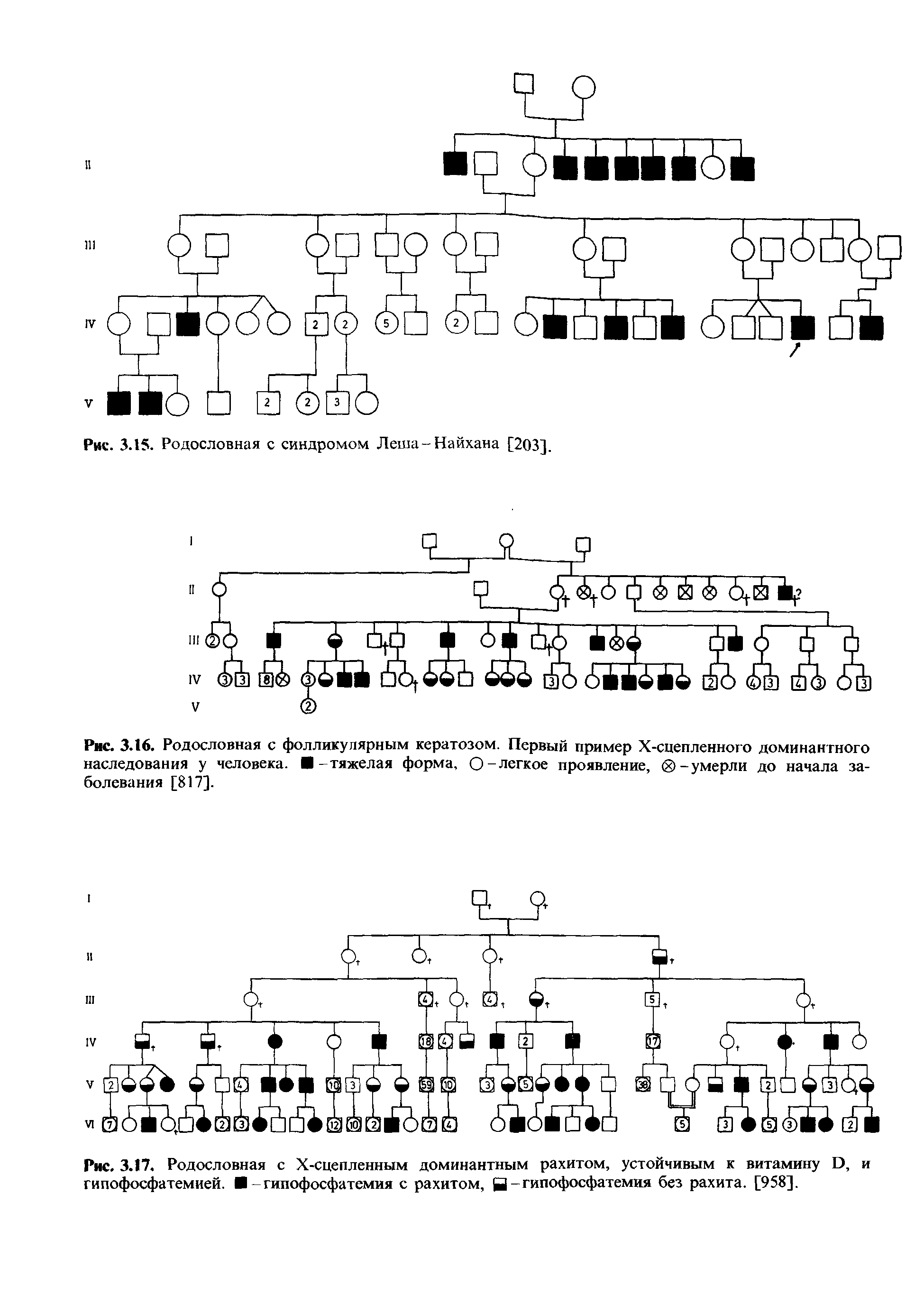 Рис. 3.16. Родословная с фолликулярным кератозом. Первый пример Х-сцепленного доминантного наследования у человека. -тяжелая форма, О-легкое проявление, -умерли до начала заболевания [817].