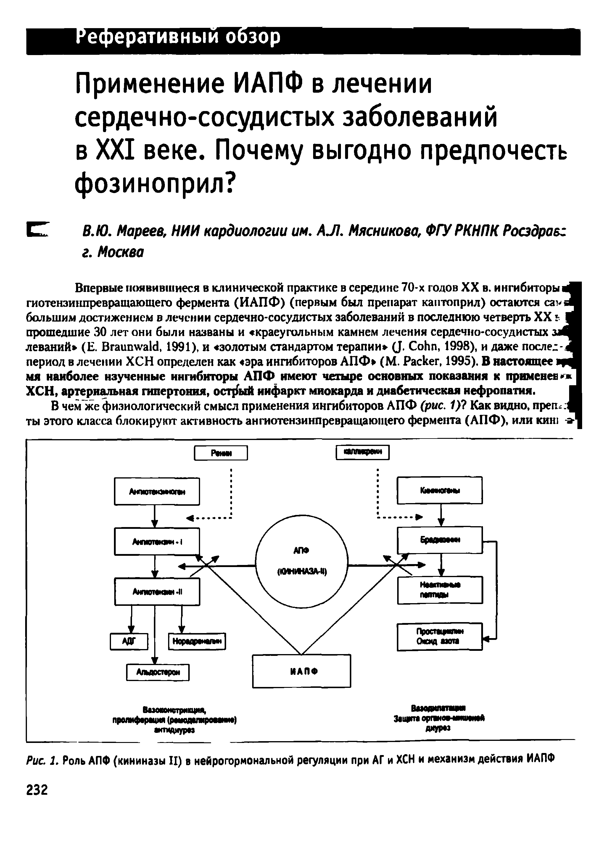 Рис. 1. Роль АПФ (кининазы II) в нейрогормональной регуляции при АГ и ХСН и механизм действия ИАПФ...