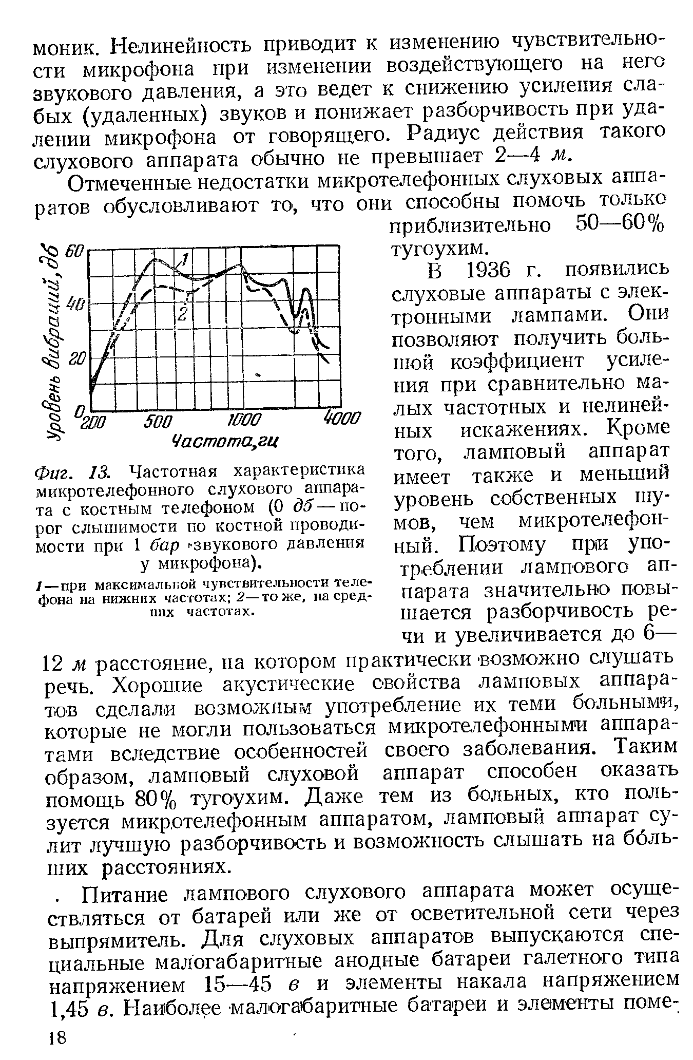 Фиг. 13. Частотная характеристика микротелефонного слухового аппарата с костным телефоном (0 до — порог слышимости по костной проводимости при 1 бар г-звукового давления у микрофона).