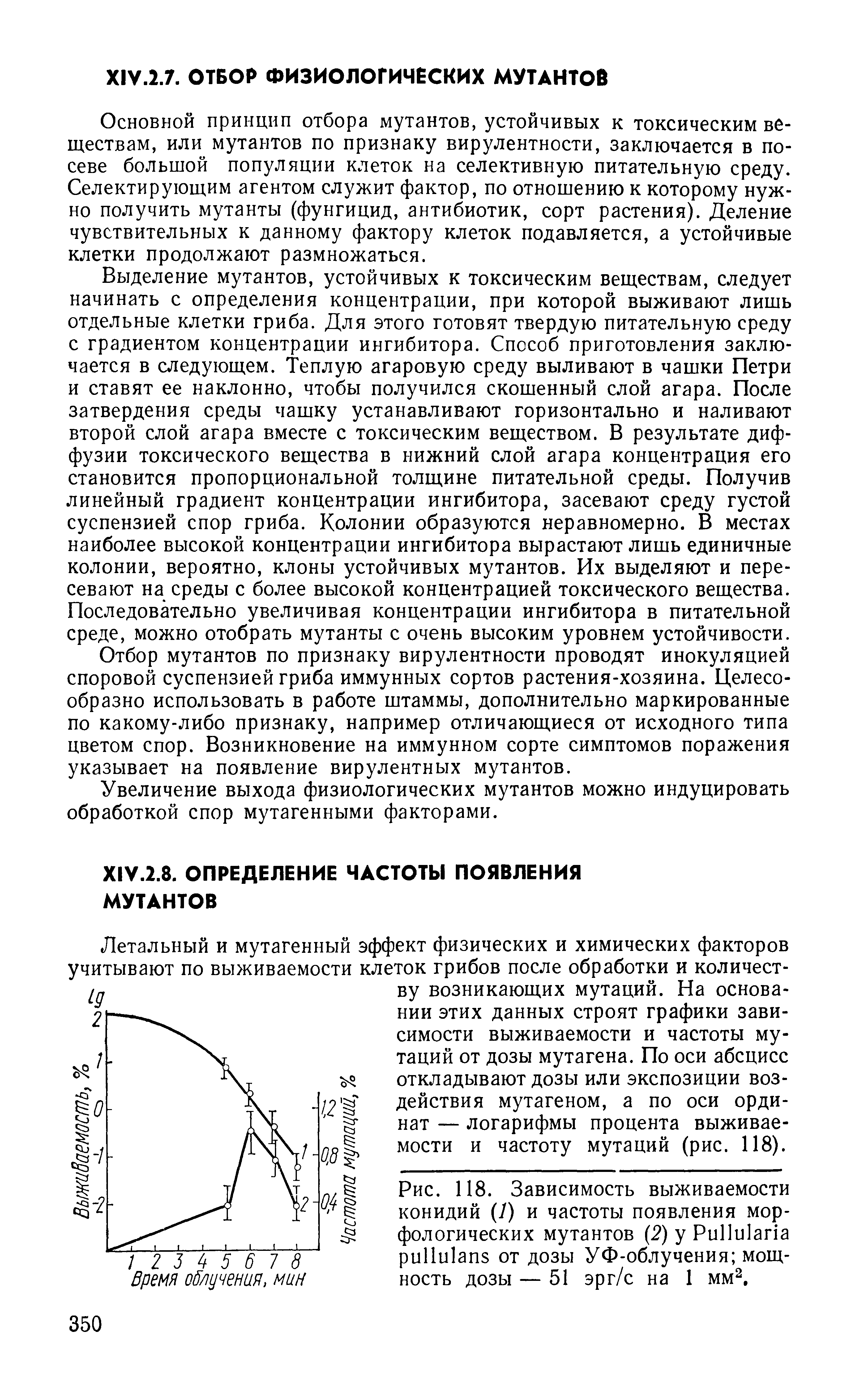 Рис. 118. Зависимость выживаемости конидий ( ) и частоты появления морфологических мутантов (2) у P от дозы УФ-облучения мощность дозы — 51 эрг/с на 1 мм2.