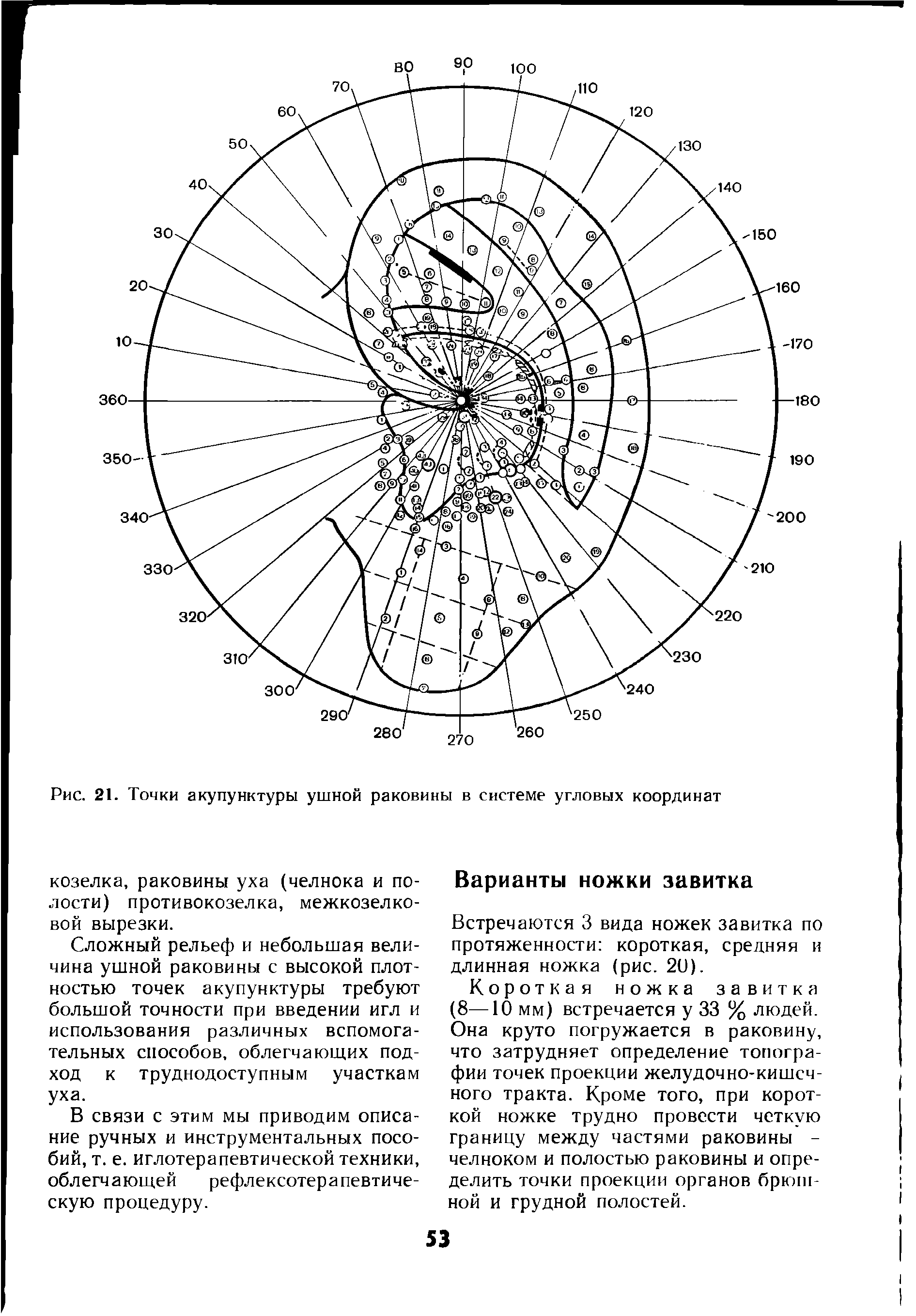 Рис. 21. Точки акупунктуры ушной раковины в системе угловых координат...