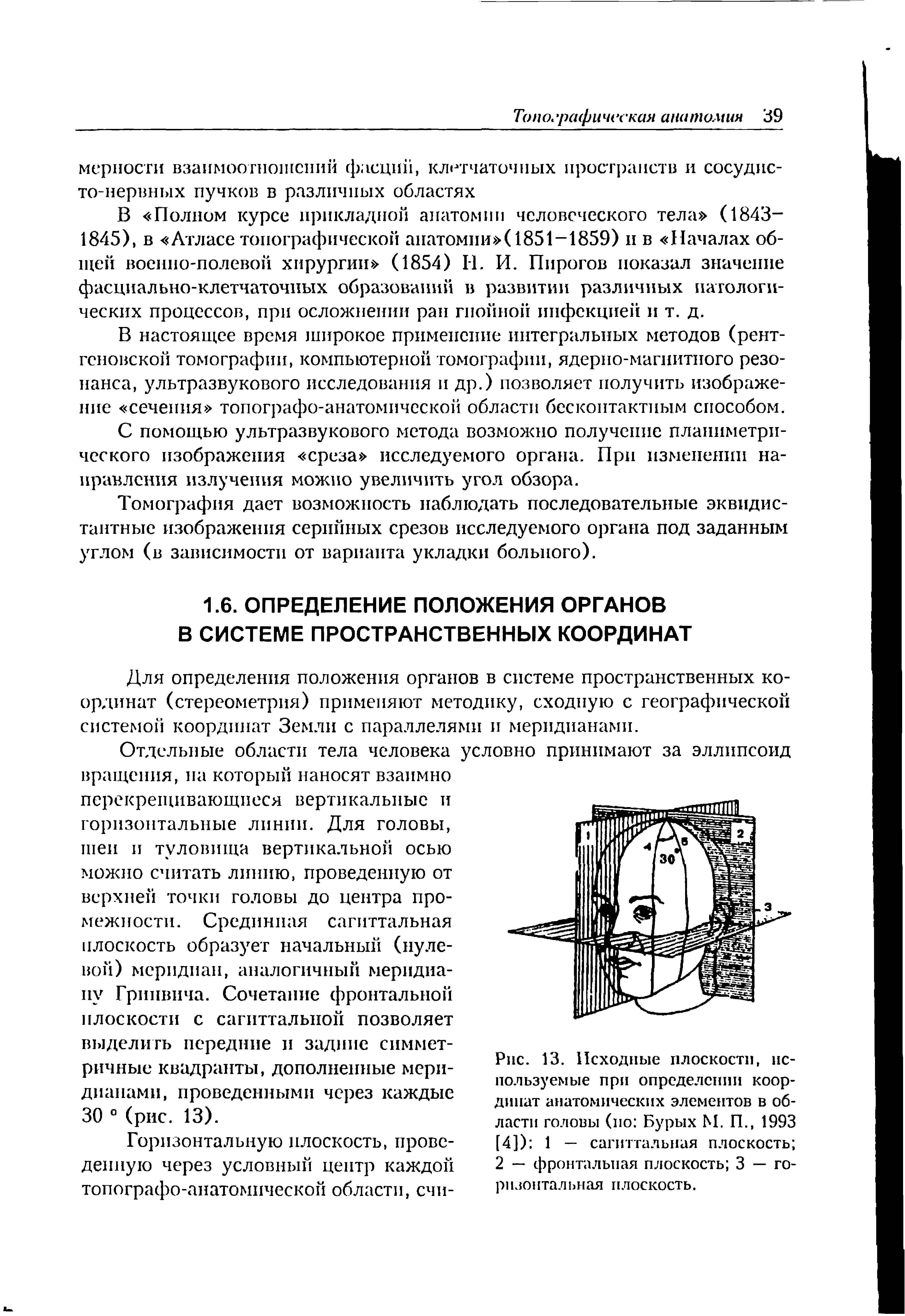 Рис. 13. Исходные плоскости, используемые при определении координат анатомических элементов в области головы (по Бурых М. П., 1993 [4]) 1 — сагиттальная плоскость 2 — фронтальная плоскость 3 — горизонтальная плоскость.