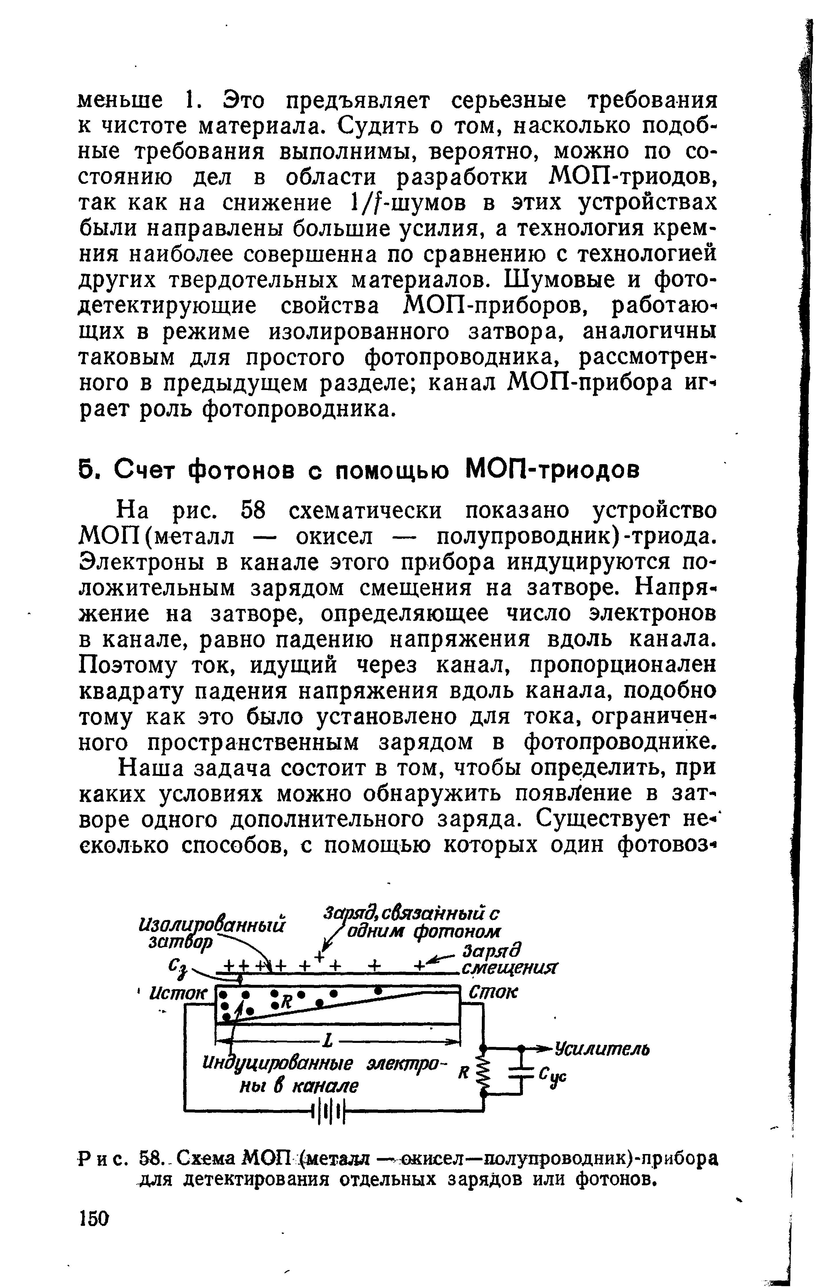 Рис. 58. Схема МОП (металл — окисел—полупроводник)-прибора для детектирования отдельных зарядов или фотонов.