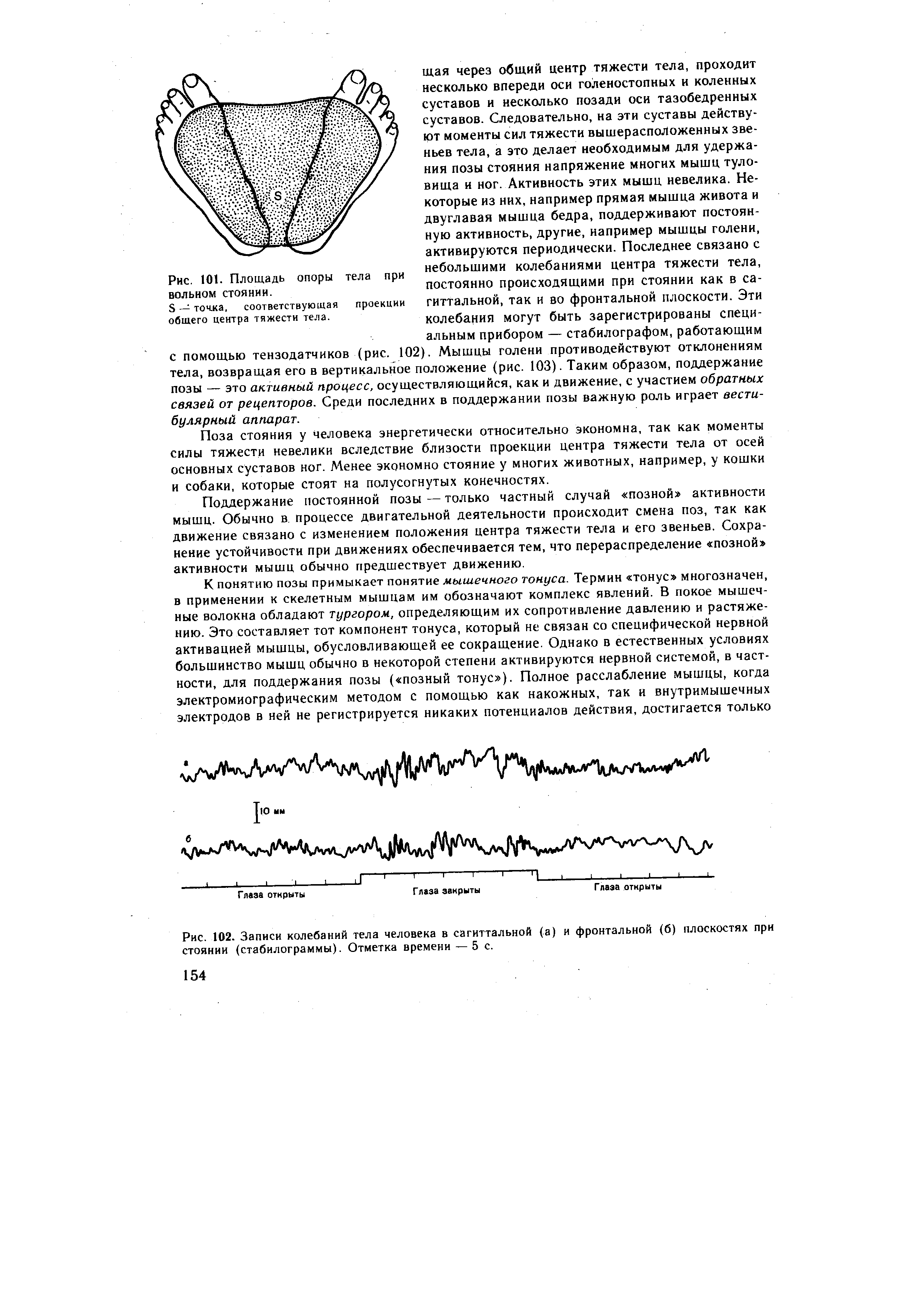 Рис. 102. Записи колебаний тела человека в сагиттальной (а) и фронтальной (б) плоскостях при стоянии (стабилограммы). Отметка времени — 5 с.