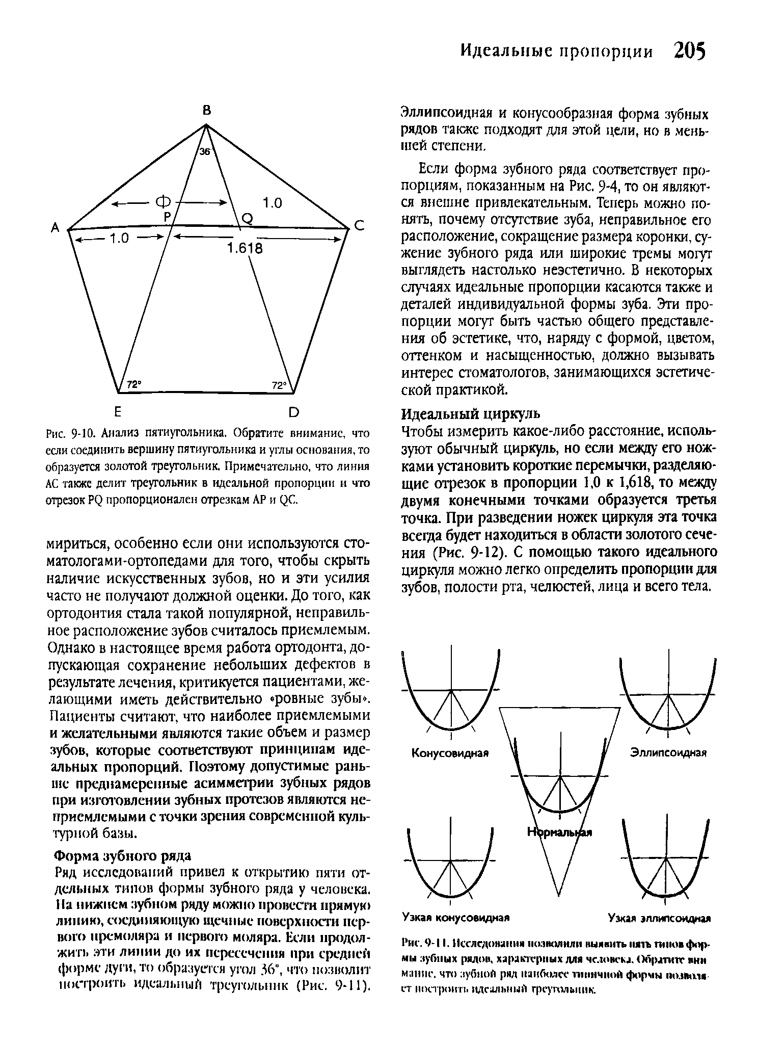 Рис. 9-Ю- Анализ пятиугольника. Обратите внимание, что если соединить вершину пятиугольника и углы основания, то образуется золотой треугольник. Примечательно, что линия АС также делит треугольник в идеальной пропорции и что отрезок Р( пропорционален отрезкам АР и ( С.