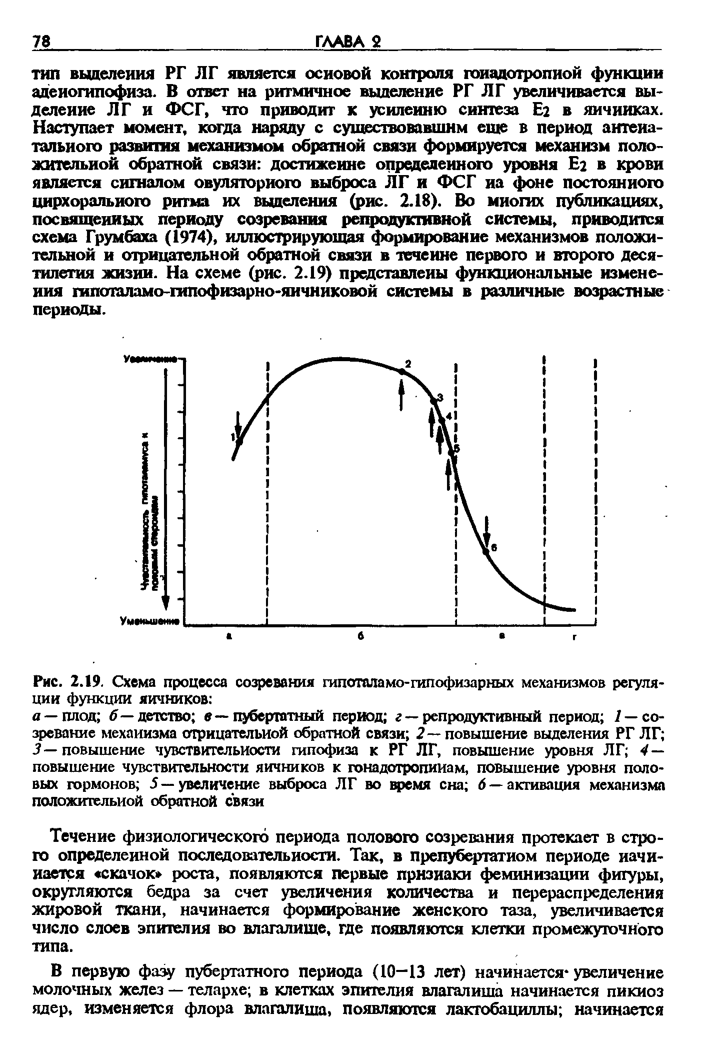 Рис. 2.19. Схема процесса созревания гипоталамо-гипофизарных механизмов регуляции функции яичников ...