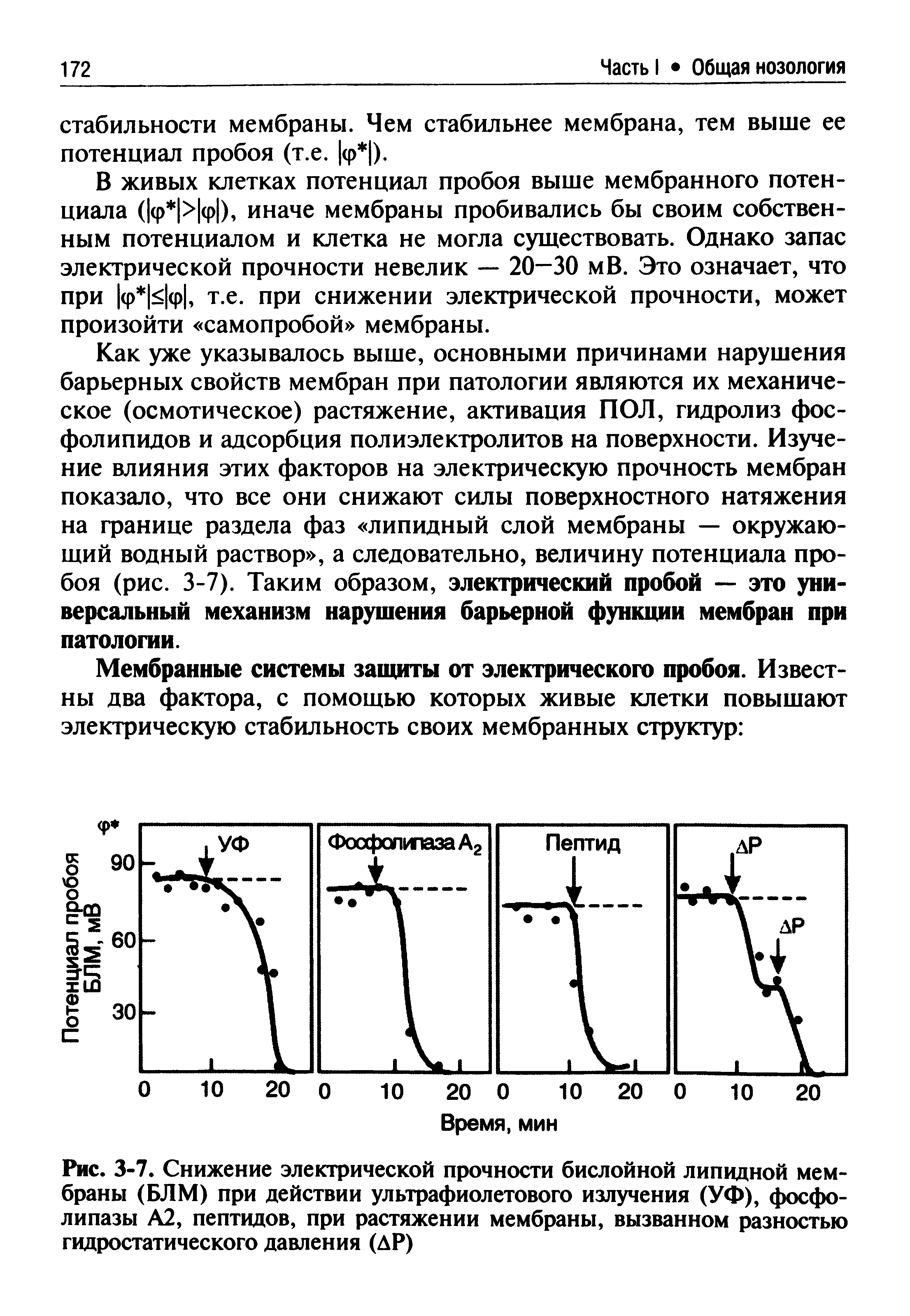 Рис. 3-7. Снижение электрической прочности бислойной липидной мембраны (БЛМ) при действии ультрафиолетового излучения (УФ), фосфолипазы А2, пептидов, при растяжении мембраны, вызванном разностью гидростатического давления (ДР)...