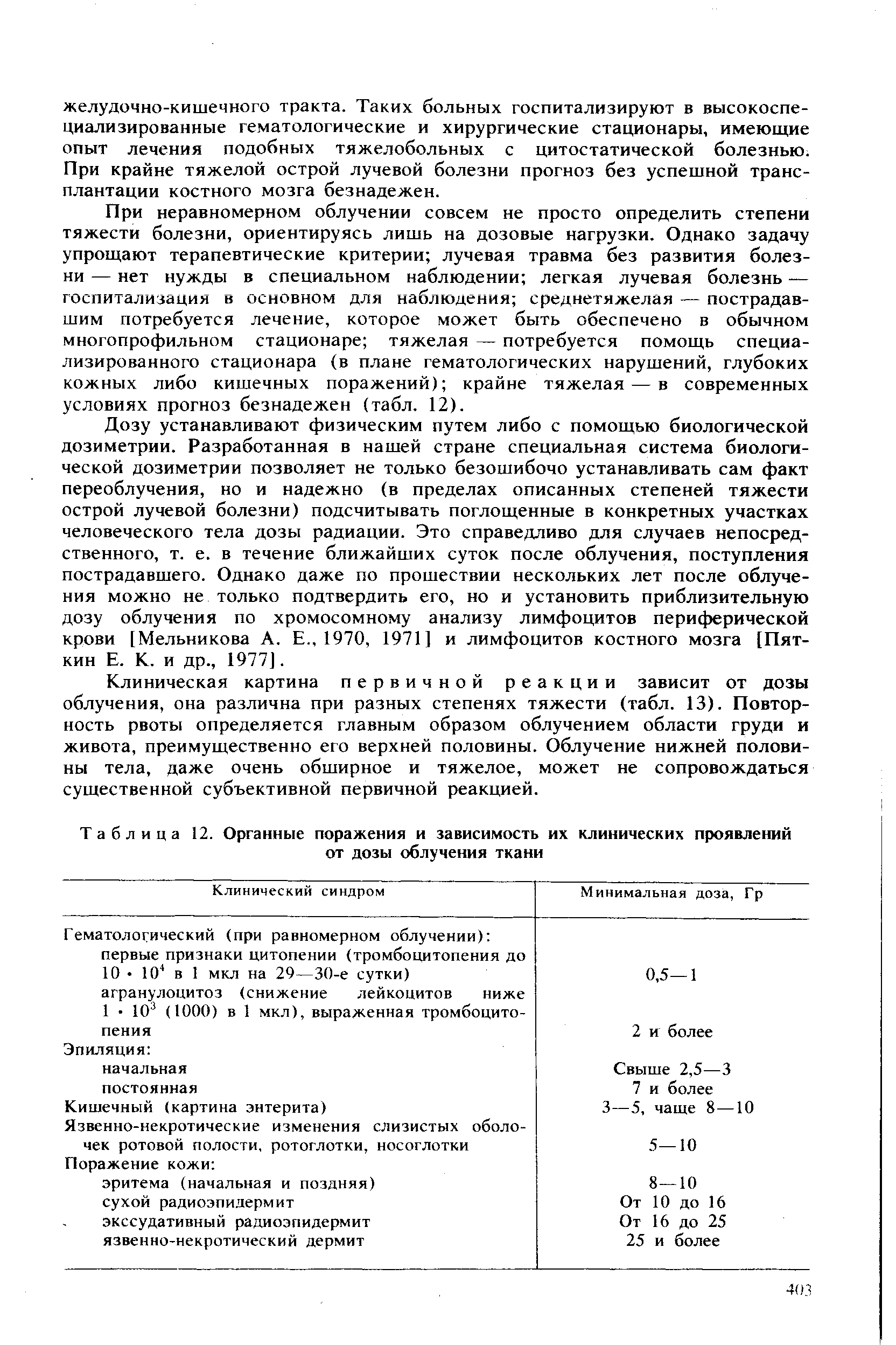 Таблица 12. Органные поражения и зависимость их клинических проявлений от дозы облучения ткани...