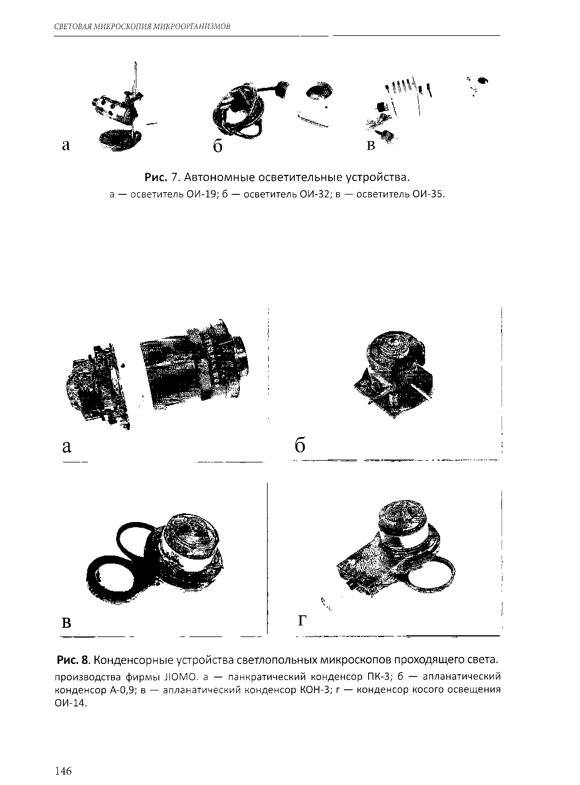 Рис. 8. Конденсорные устройства светлопольных микроскопов проходящего света, производства фирмы ЛОМО. а — панкратический конденсор ПК-3 б — апланатический конденсор А-0,9 в — апланатический конденсор КОН-3 г — конденсор косого освещения ОИ-14.