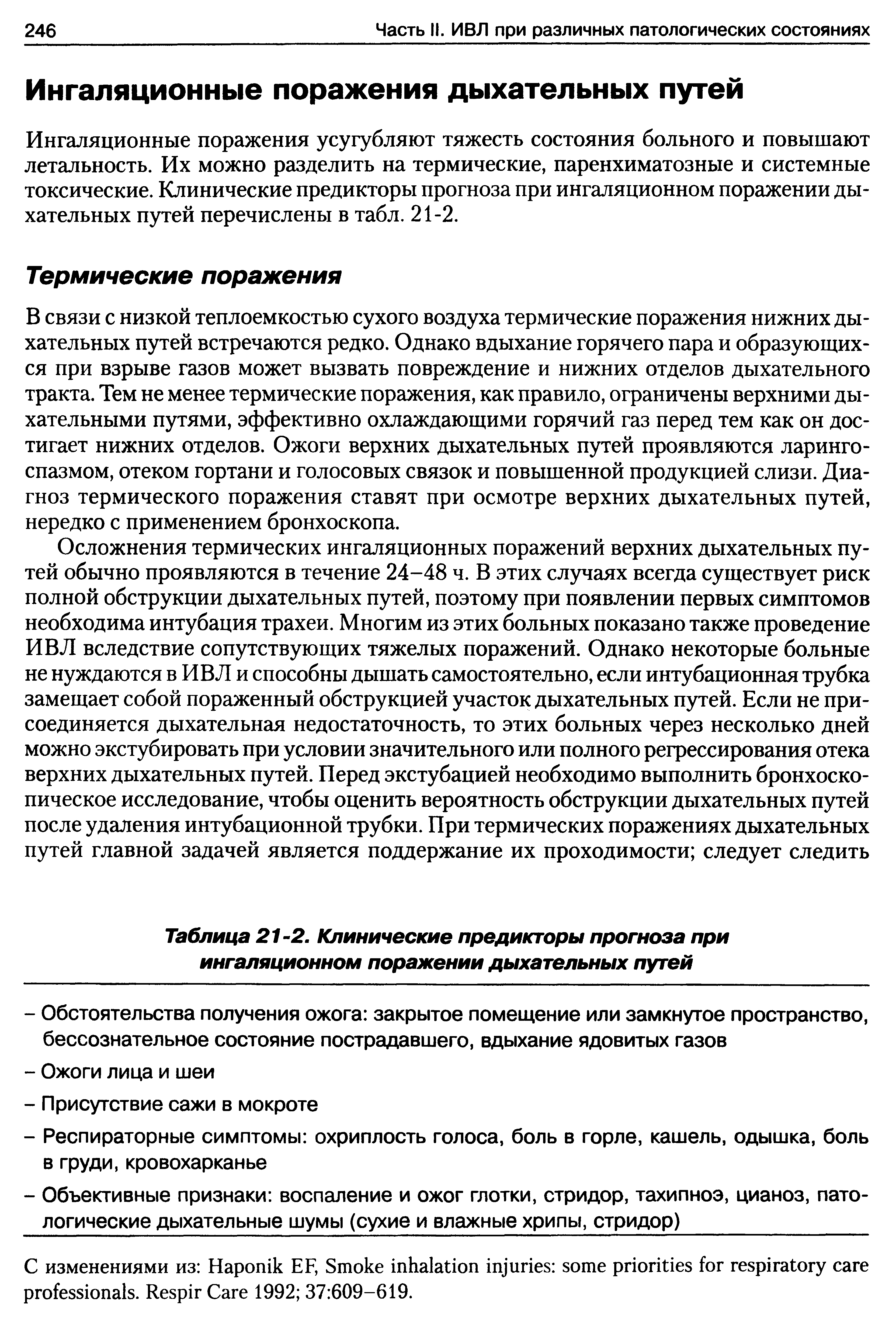 Таблица 21-2. Клинические предикторы прогноза при ингаляционном поражении дыхательных путей...