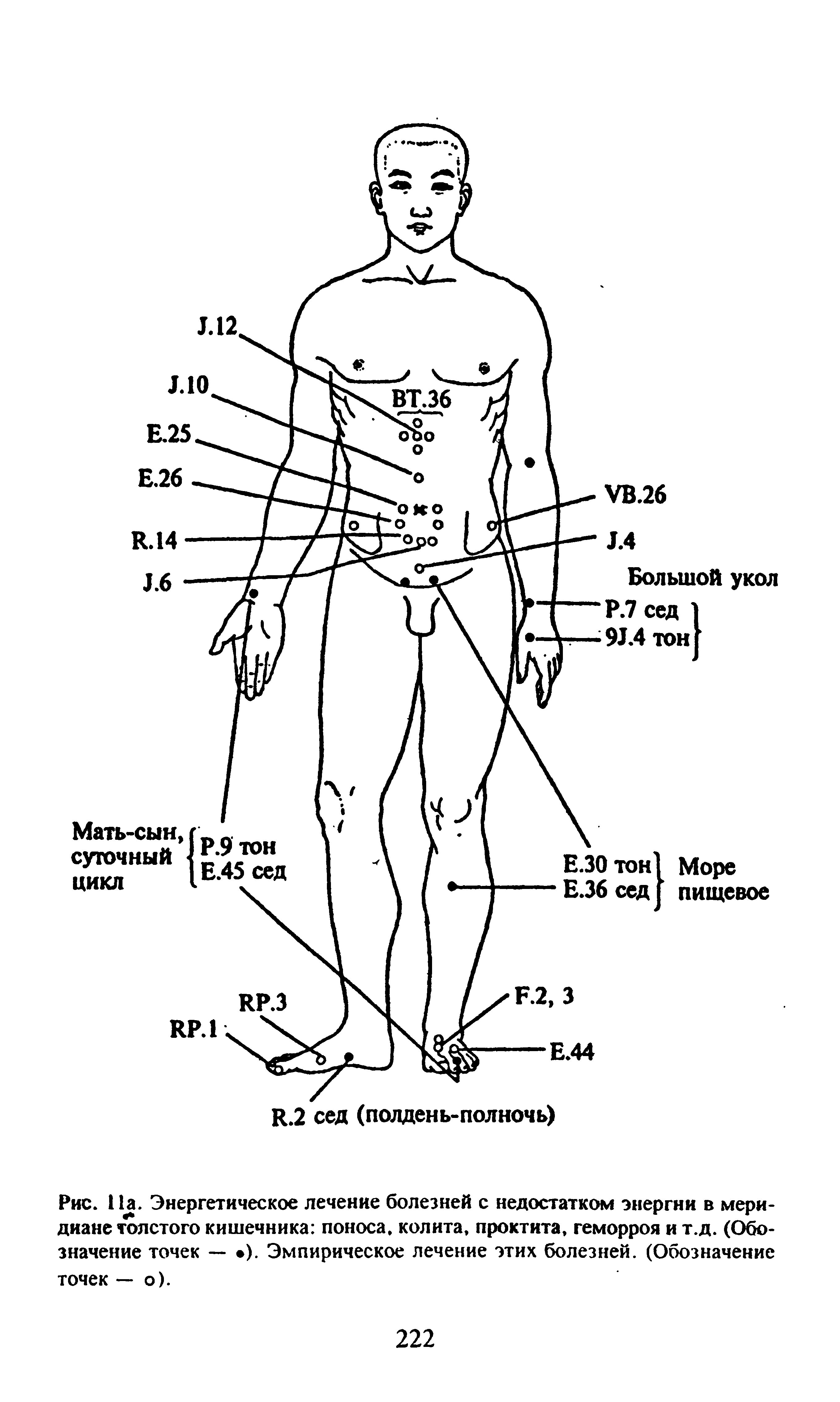 Рис. 11а. Энергетическое лечение болезней с недостатком энергии в меридиане толстого кишечника поноса, колита, проктита, геморроя и т.д. (Обозначение точек — ). Эмпирическое лечение этих болезней. (Обозначение точек — о).