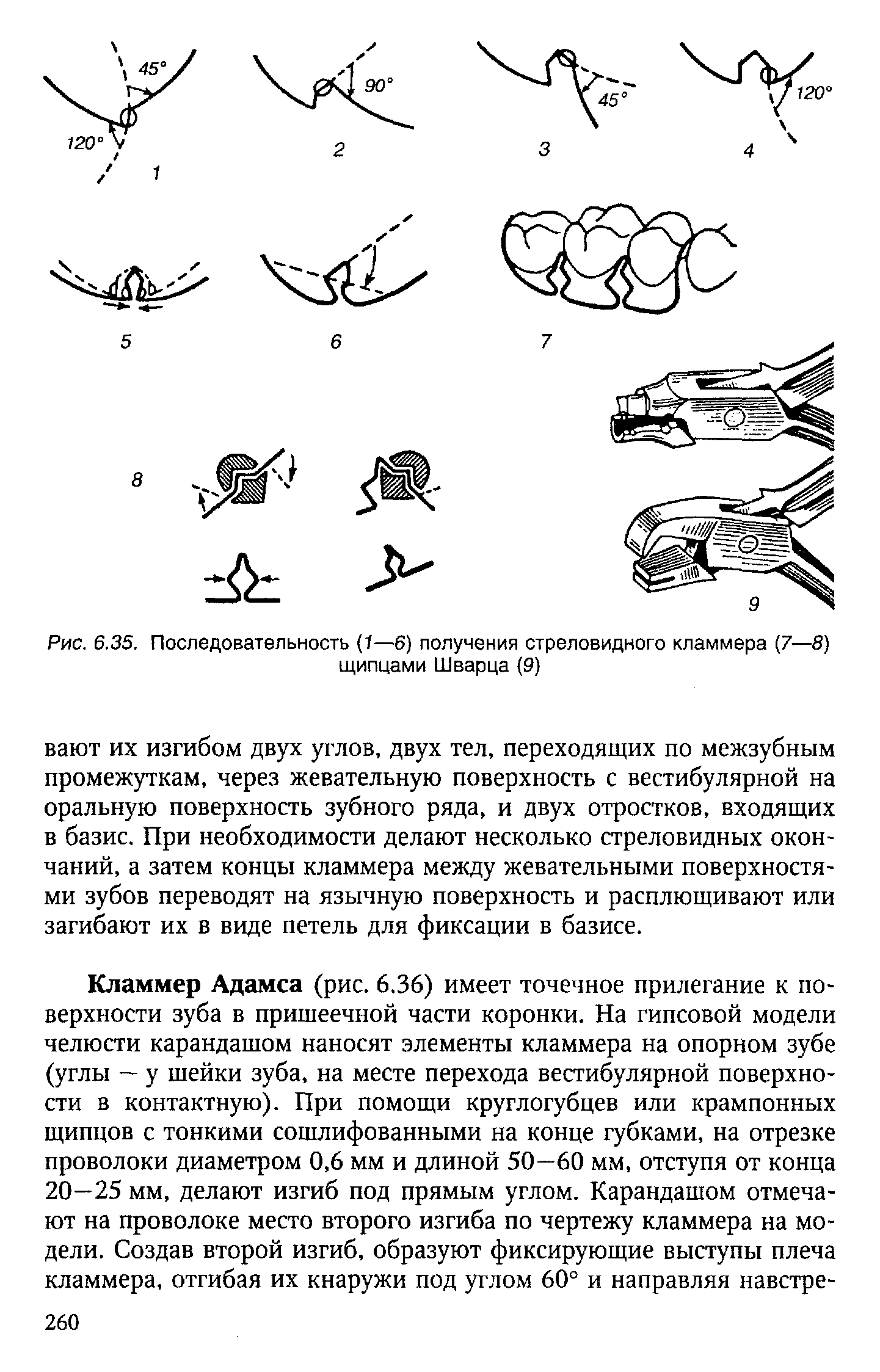 Рис. 6.35. Последовательность (1—6) получения стреловидного кламмера (7—8) щипцами Шварца (9)...