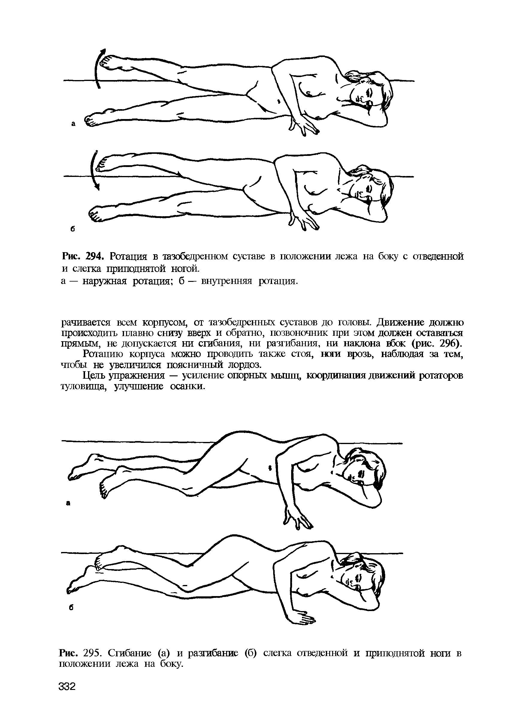 Рис. 295. Сгибание (а) и разгибание (б) слегка отведенной и приподнятой ноги в положении лежа на боку.