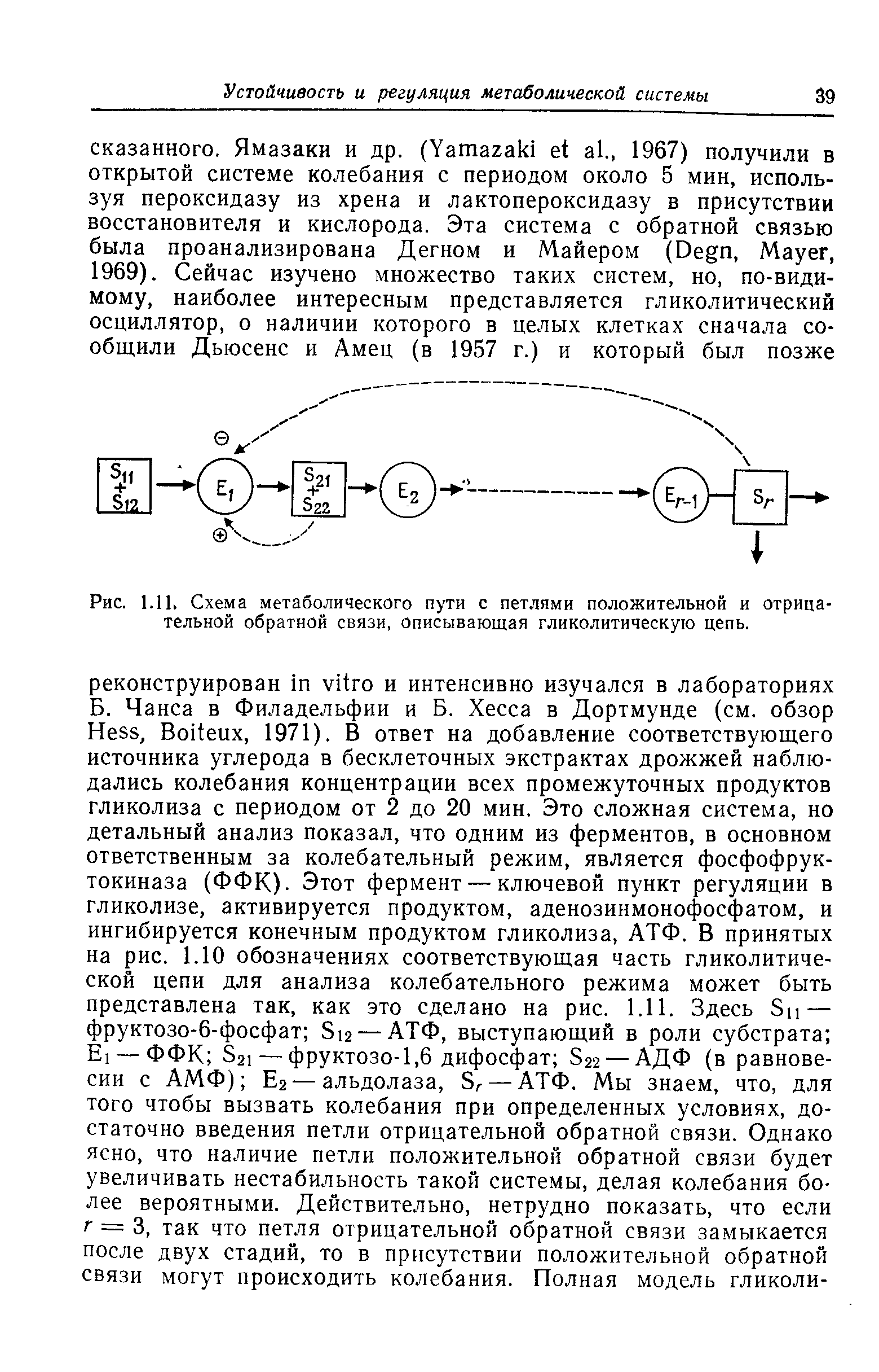 Рис. 1.11, Схема метаболического пути с петлями положительной и отрицательной обратной связи, описывающая гликолитическую цепь.