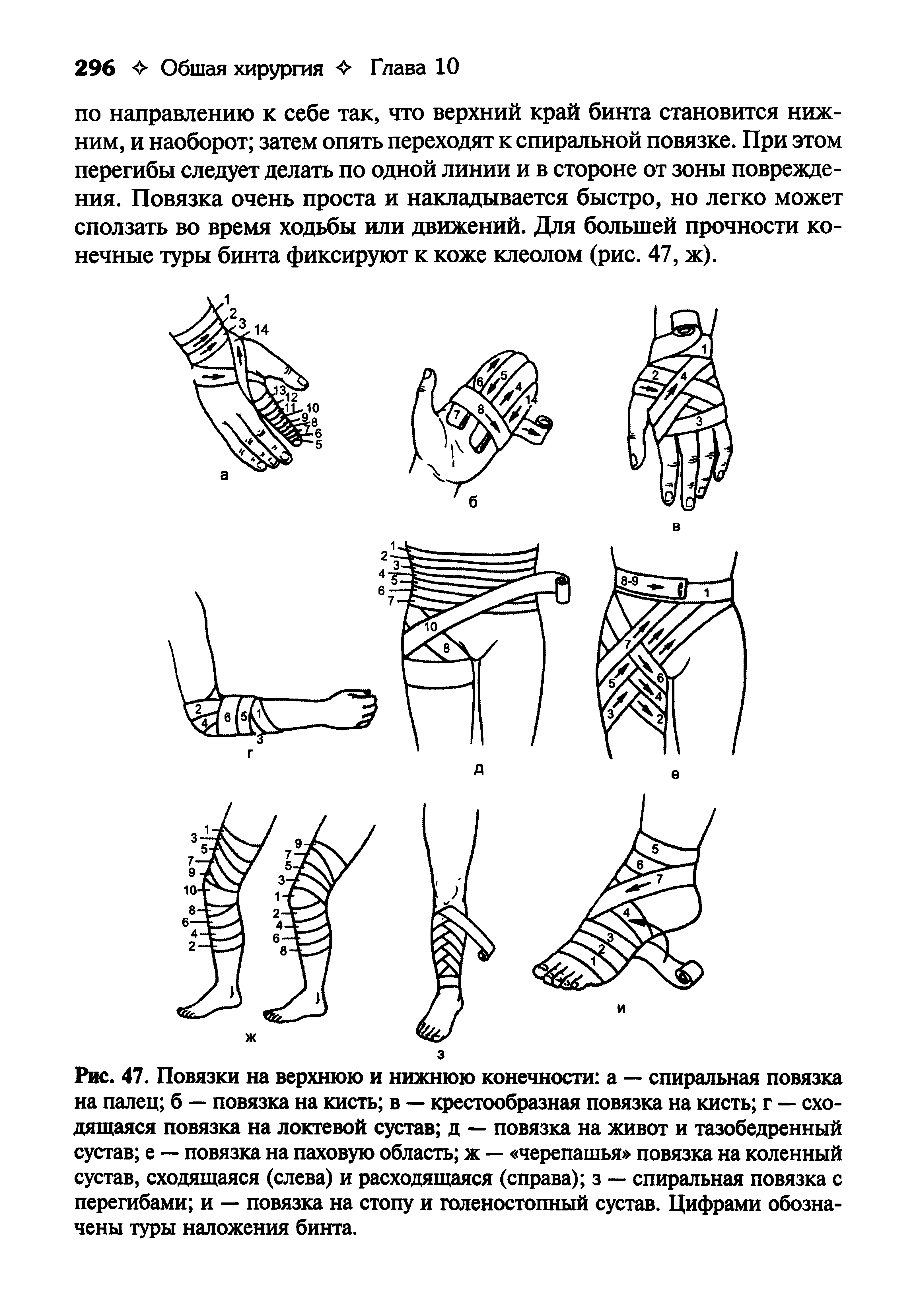 Рис. 47. Повязки на верхнюю и нижнюю конечности а — спиральная повязка на палец б — повязка на кисть в — крестообразная повязка на кисть г — сходящаяся повязка на локтевой сустав д — повязка на живот и тазобедренный сустав е — повязка на паховую область ж — черепашья повязка на коленный сустав, сходящаяся (слева) и расходящаяся (справа) з — спиральная повязка с перегибами и — повязка на стопу и голеностопный сустав. Цифрами обозначены туры наложения бинта.